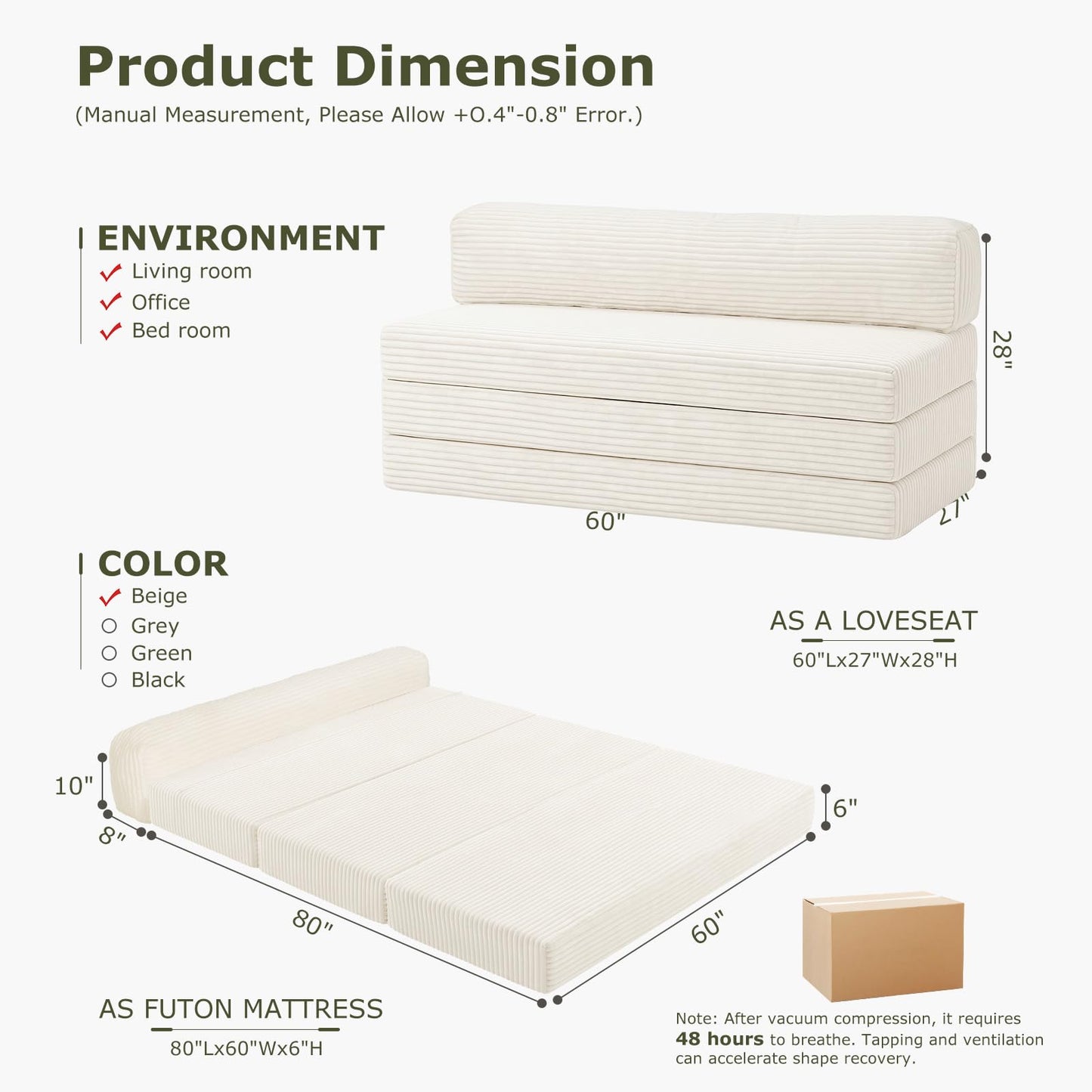 NLDD Convertible Sofa Bed, Boneless Loveseat with Removable Cushions & Washable Corduroy Cover, Futon Sofa Bed with Handle, Pull Out Couch for Small Spaces, Full Size, Beige