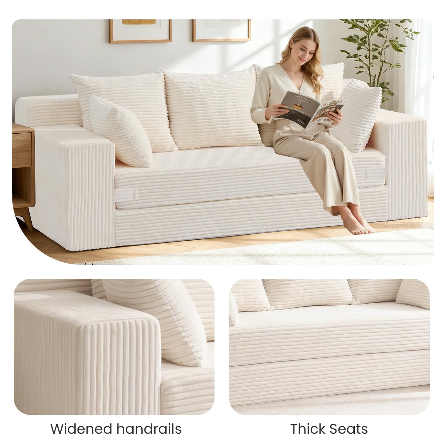 Winzoo Boneless Couch 70 inch, 3 Seater Couch with Pull Out Bed, Boneless Loveseat Oversize Beige Futon Couch Floor Bed with 5 Pillows for Living Room Bedroom Lounge Small Space