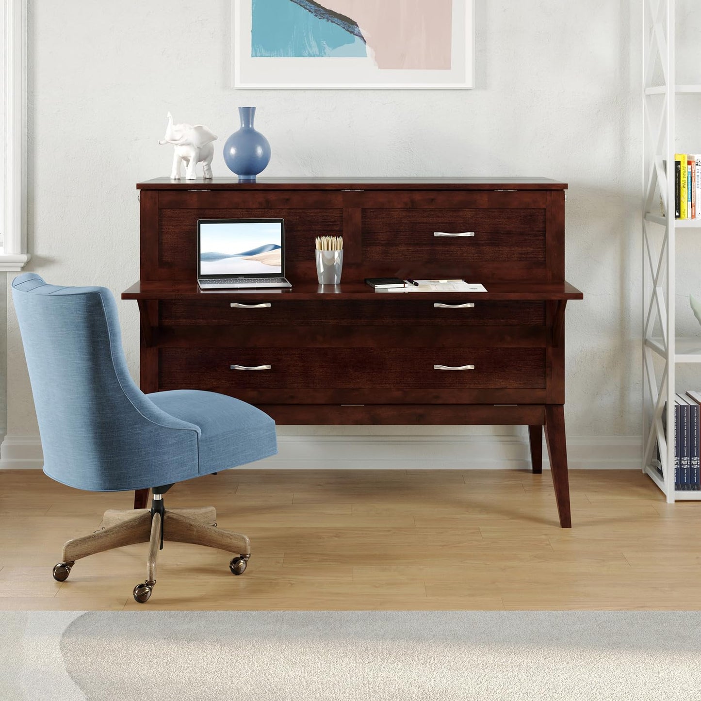 HomeStock Full Murphy Bed Desk with 6" Mattress & Built in Charger in Walnut