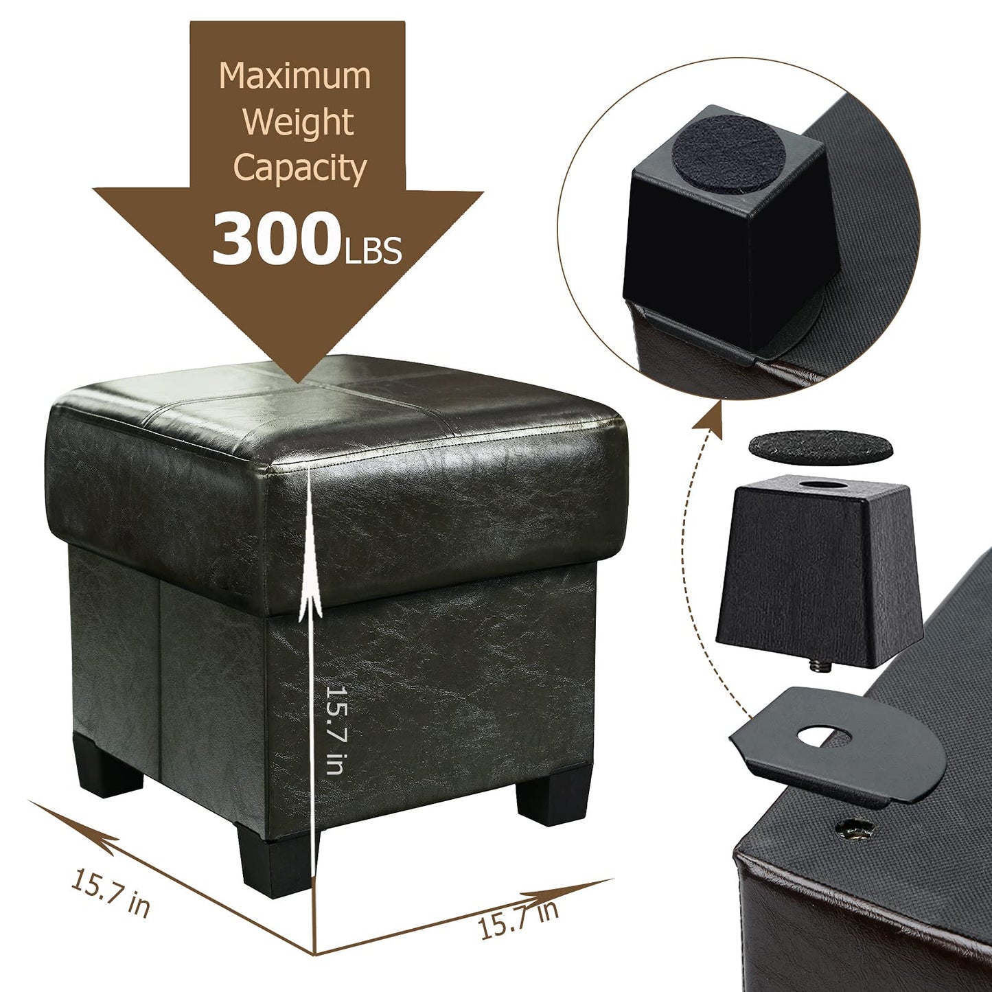 GLAXYFUR Storage Ottoman Cube Folding Footstool PU Leather Storage Bench with Legs, Storage Chest for Living Room, Bedroom, 15.7 x 15.7 x15.7 Inches, Black