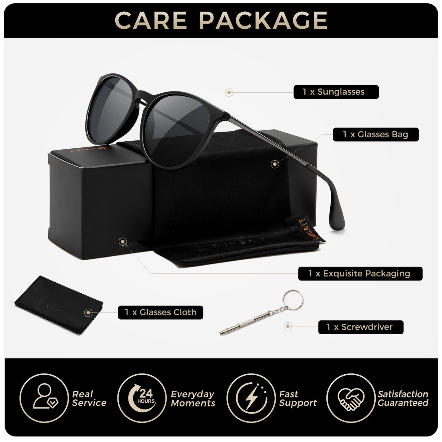 SUNGAIT Vintage Round Sunglasses for Women Men Classic Retro Designer Style (Black Frame(Matte Finish)/Polarized Grey Lens) 1567 PGHKH
