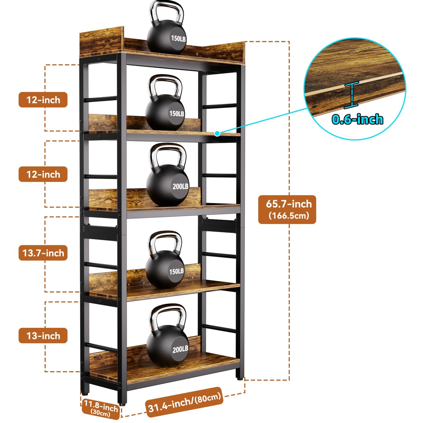Aquzee Bookshelf, 66" H 5-Tiers Heavy Duty Industrial Shelving Wood & Metal Bookcase, Rustic and Black Tall Shelf Units for Home, Office, Living Room