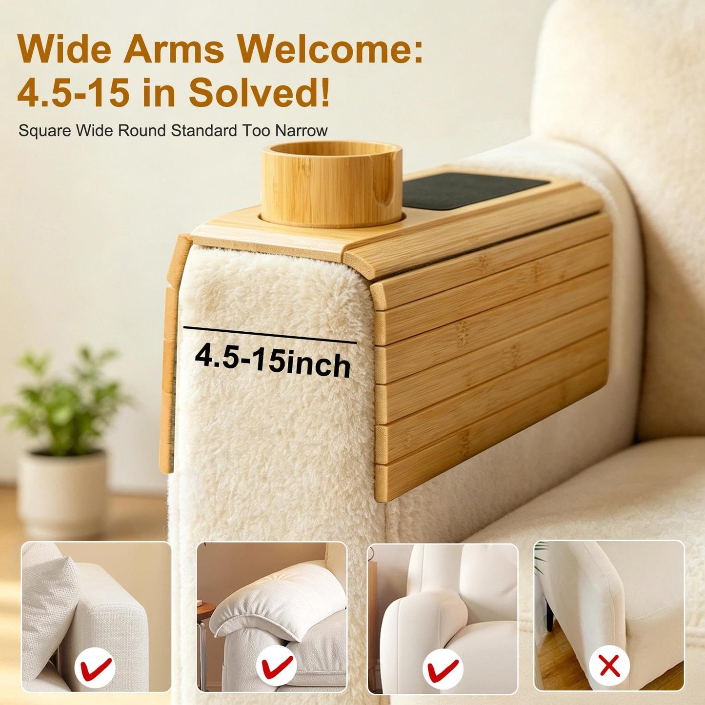 Couch Armrest Table with Cup Holder - 3-in-1 Magnetic Foldable Detachable