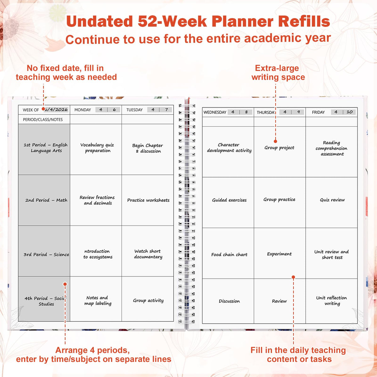 Undated 4 Period Teacher Planner 8.5" x 11" Weekly & Month Academic Teacher Lesson Planner Hardcover Homeschool Planner Teacher Record Lesson Plan Book for Classroom School Supplies 80 GSM