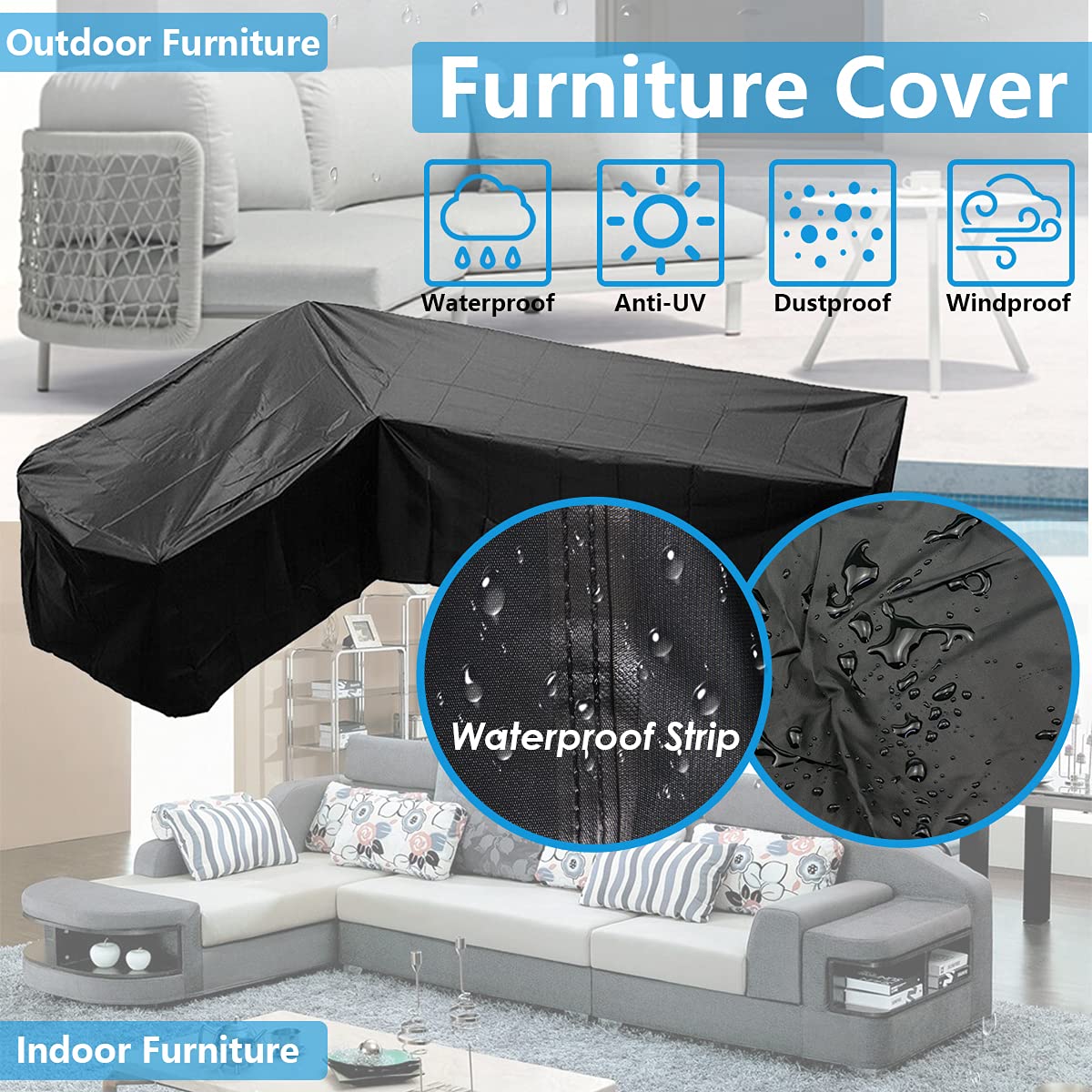 COOSOO Patio Sofa Cover Sectional Waterproof L Shape Corner Sofa Cover Outdoor Dust-Proof Anti-UV Furniture Couch Cover for Lawn Garden Yard Indoor with Windproof Buckle Extra Large Black