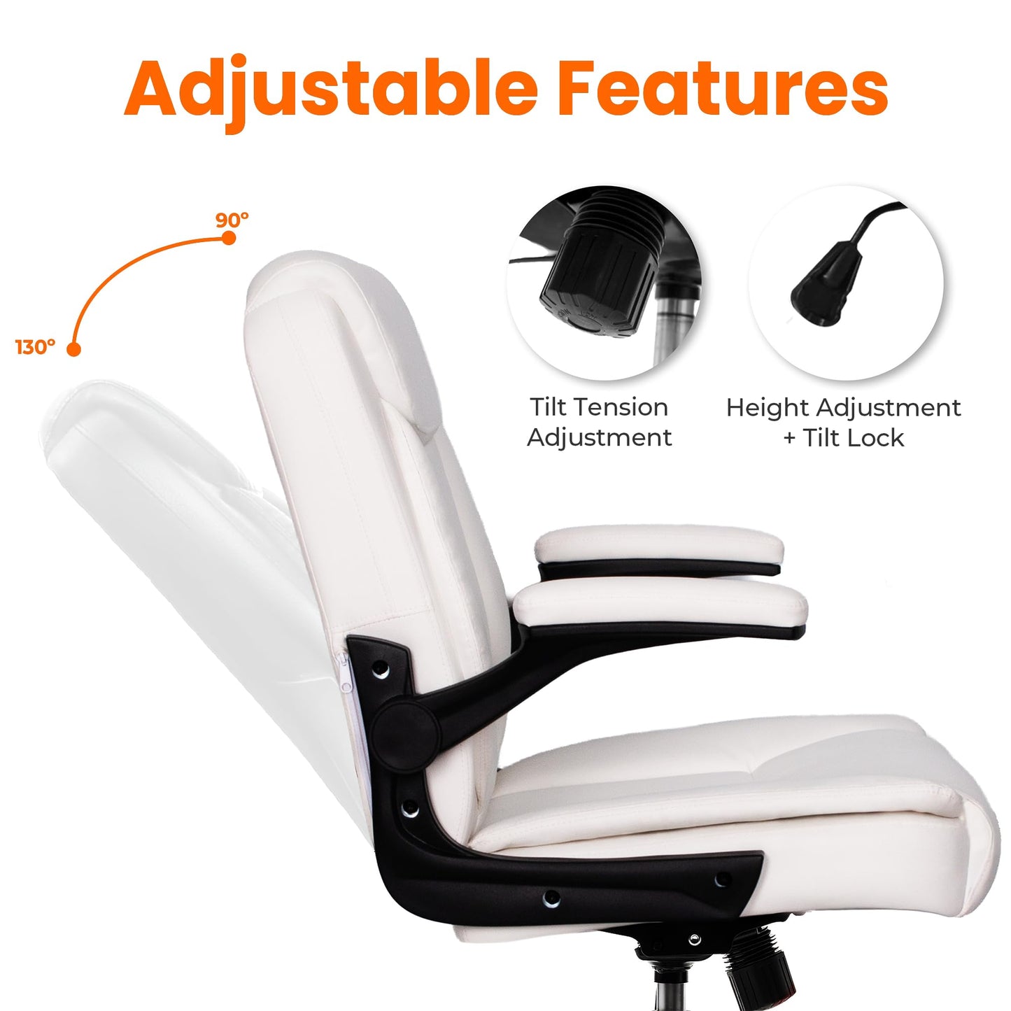 NEO CHAIR Desk Office Gaming Computer Chair Ergonomic Executive Mid-Back Leather with Adjustable Padded Flip-Up Armrests Cushion Wheels Swivel for Home Study Task (White)