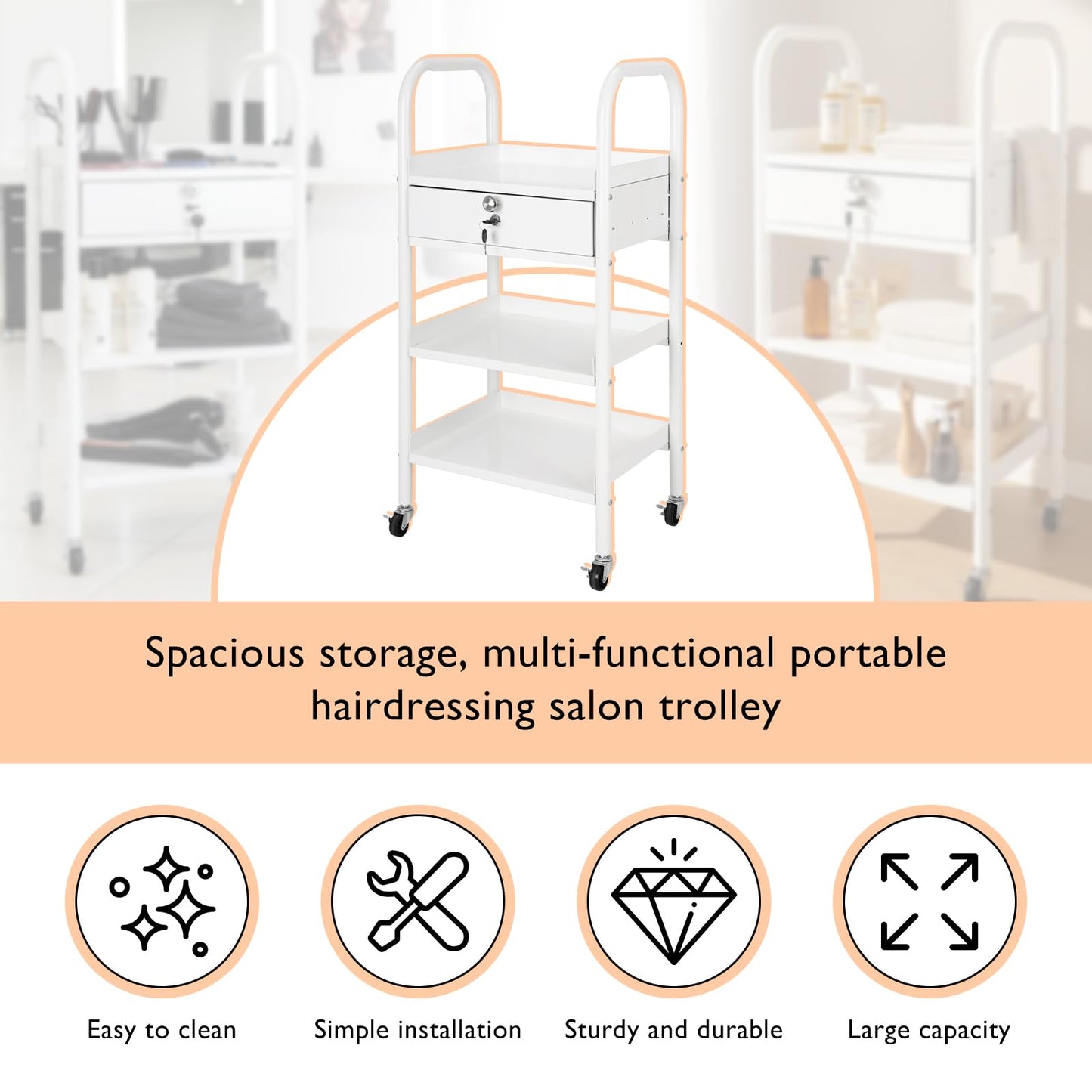 LEIBOU Beauty Salon Trolley Cart Hair Station with Wheels, Tray Cart with 1 Drawer & 2 Trays, Medical Esthetic Supply Holder for Massage Tattoo Facials