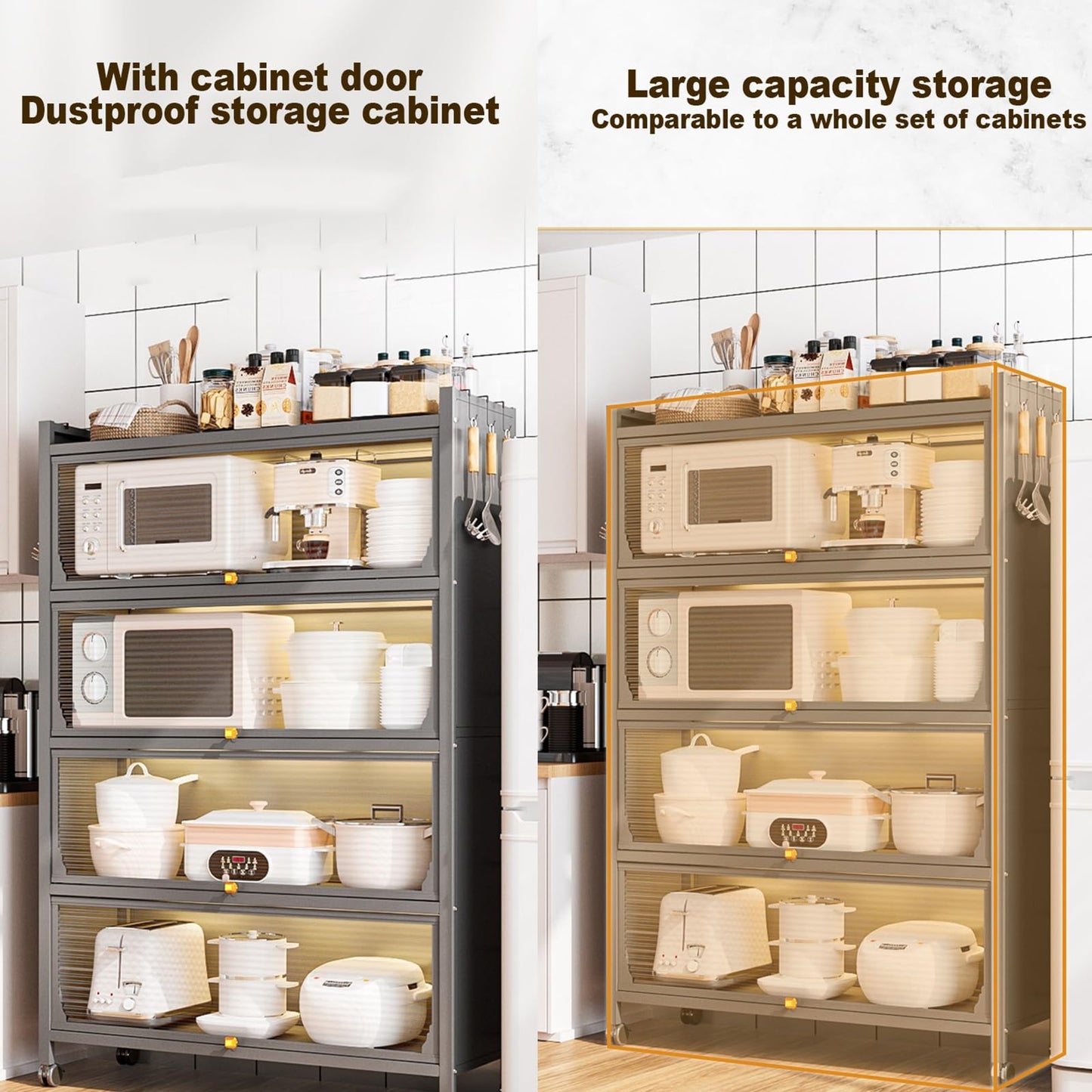 Kitchen Storage Cabinet - Microwave Oven Shelf & Bakers Rack, Transparent Flip Door, 70cm/28in for Kitchen, Home, Office, Pantry - Stylish & Functional Storage Solution in Gray