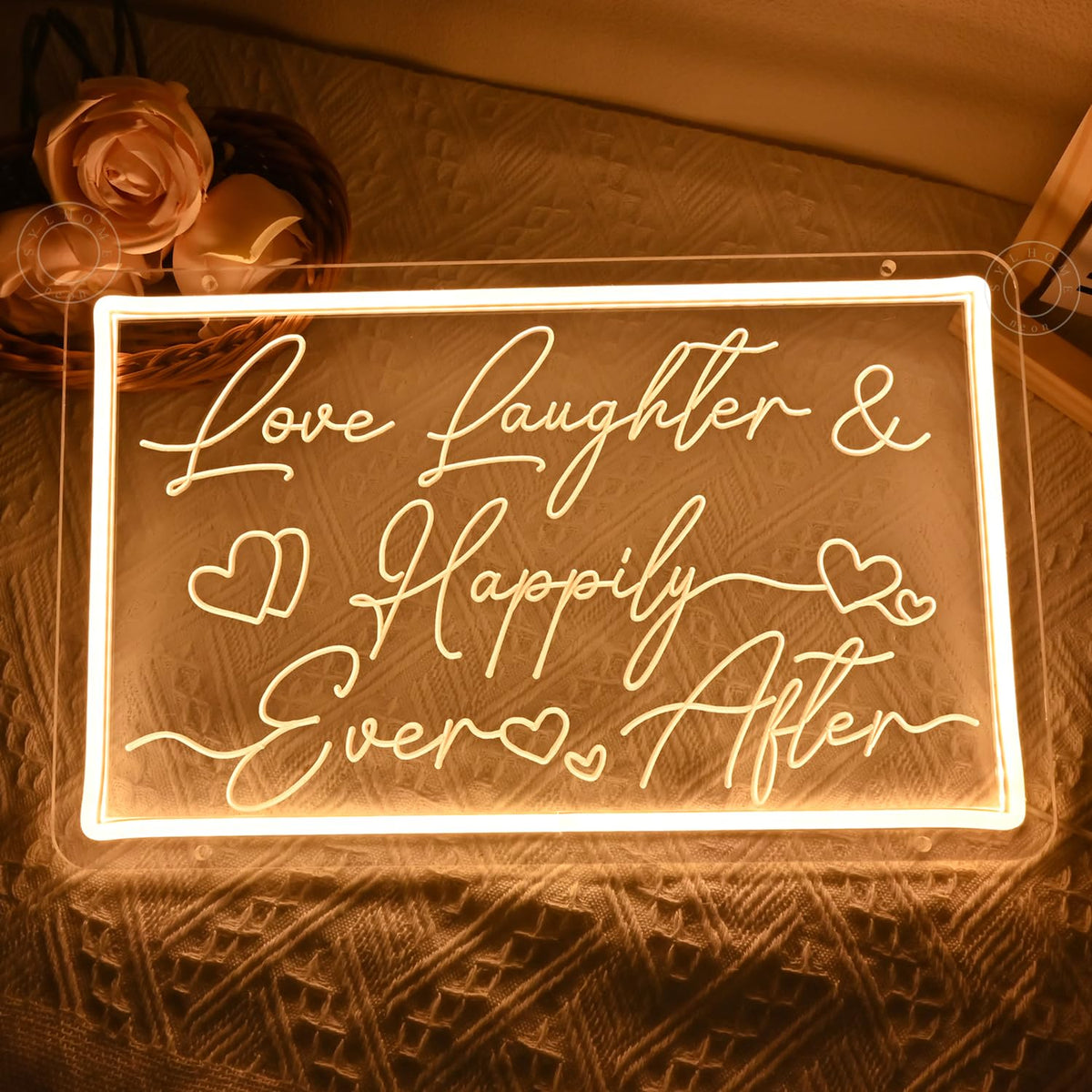 SYLHOME Led Neon Light Sign Love Laughter Happily Ever After Wedding Backdrop Home Bedroom Living Room Wall Sign Decor Birthday Christmas Party 15.75" X 9.84" USB