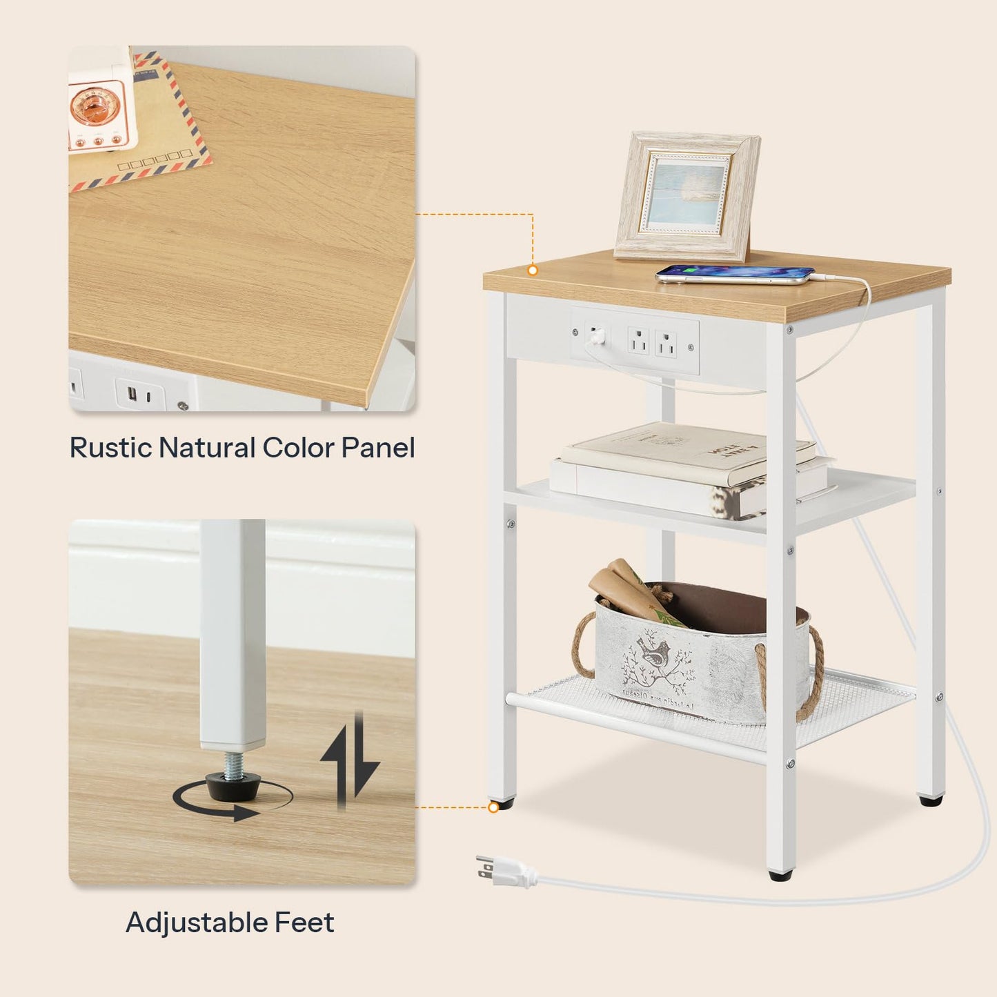 HOOBRO Side Table with Charging Station and USB Port, Small End Table for Small Space, 3-Tier Nightstand with Adjustable Shelf, for Living Room, Bedroom, Natural and White WN112BZ01