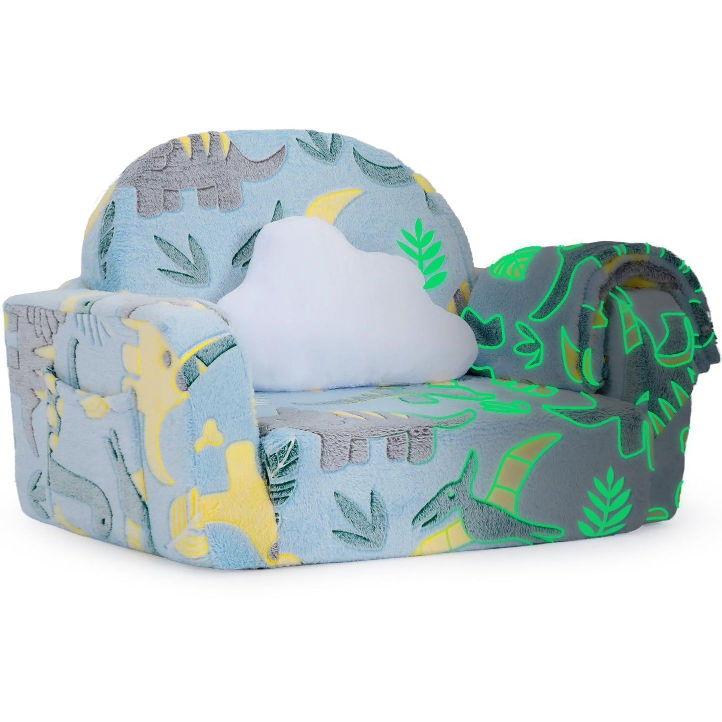 Kids Couch, 2-in-1 Soft Toddler Couch Fold Out with Blanket and Cloud Pillow, Glow in The Dark, Toddler Chair Comfy, Convertible Sofa, Gifts for Kids Girl Boys, Medium Dinosaur