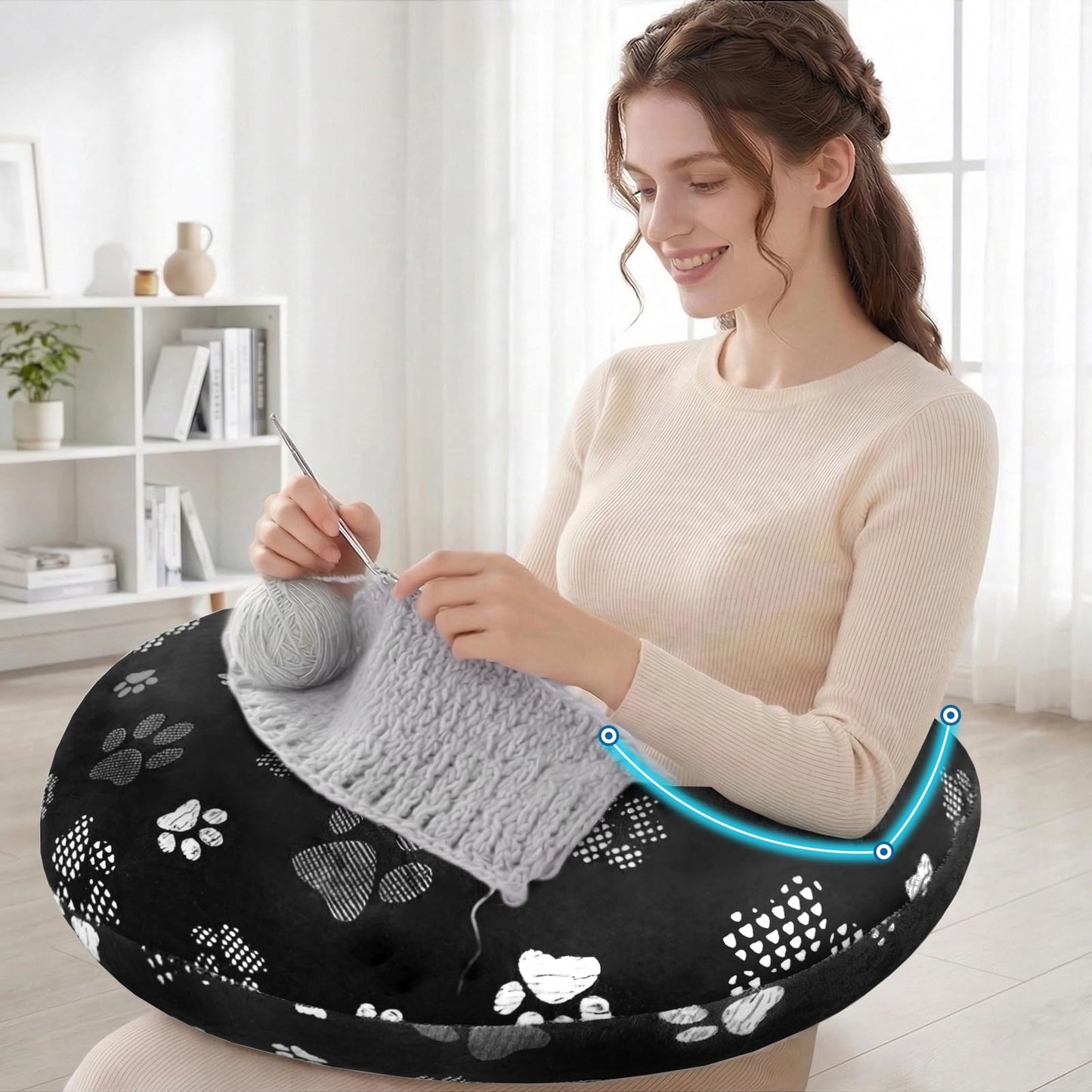 Crafting Pillow for Crocheting, Crochet Pillow for Lap Support, Fun Print Styles, Ergonomic Arm Support, For Bed, Floor, Chair Comfort, Pain Relief and Fatigue for Gaming and Woking (Black Cat Paws)