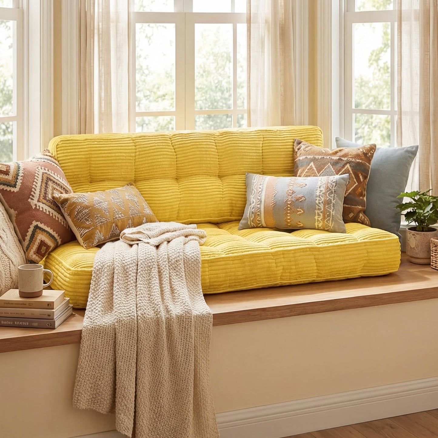 63 Inch Folding Sofa Bed Convertible Chair, 2-in-1 Convertible Boneless Sofa Floor Cushions Couch Mattress Oversized Corduroy Upholstered Sleeper Chair for Living Room Guest Apartment(Yellow)