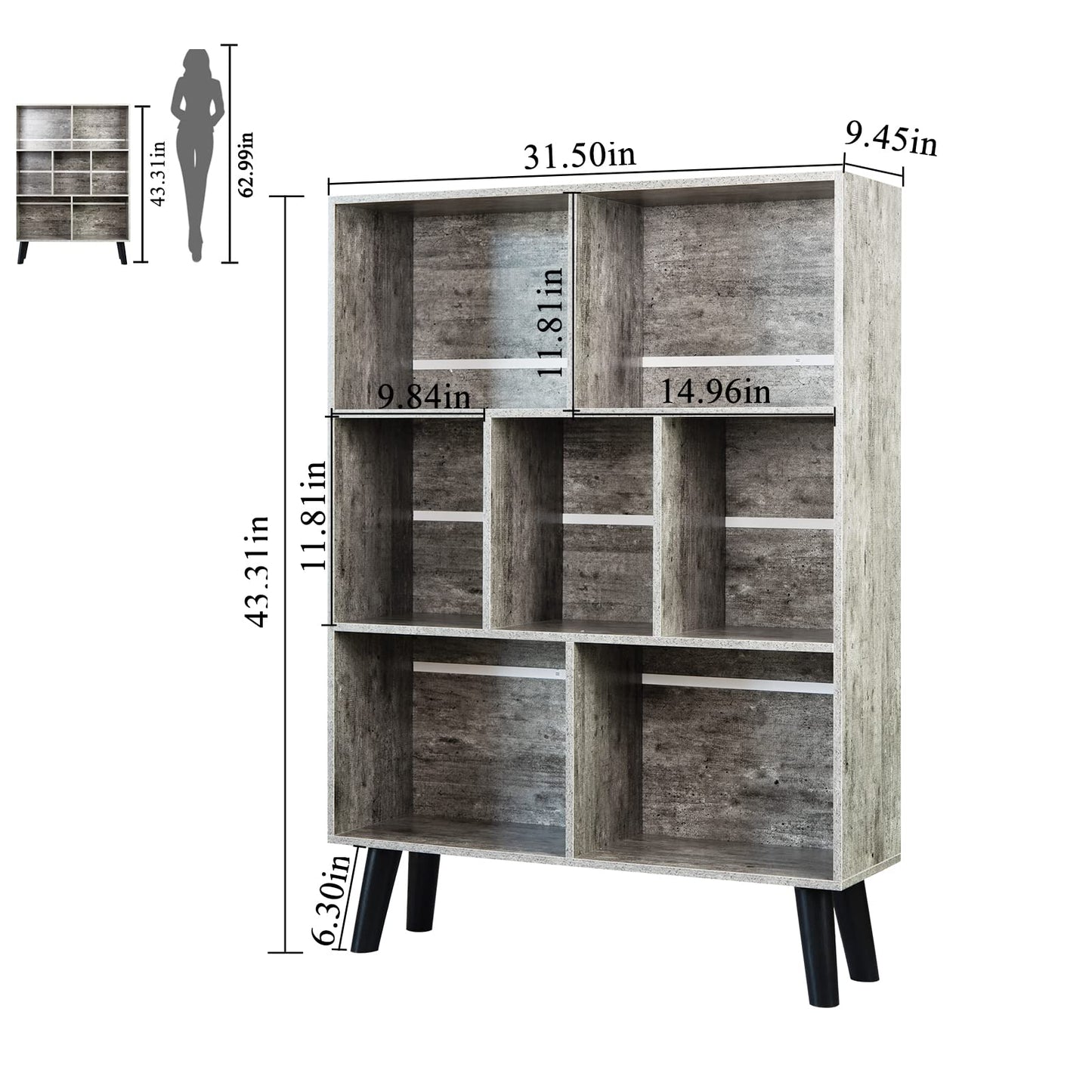 LEYAOYAO Bookshelf Cube Storage Organizer,3 Tier Bookcase with Legs,Modern Wood Open Shelf,Dirty Grey Bookshelves,Free Standing Display Short Book Shelves for Narrow Space,Bedroom,Living Room,Office