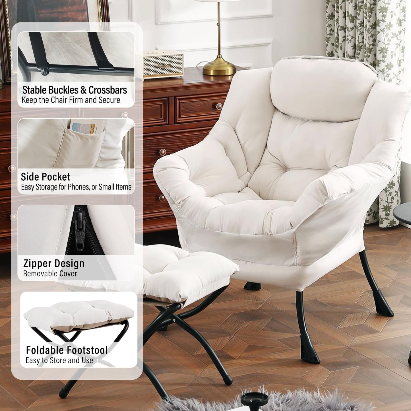 Furlide Lazy Chair with Ottoman, Modern Accent Chair with Armrests and a Side Pocket, Beige Accent Chairs, Reading Chairs, Oversized Armchairs for Bedroom, Study, Living Room, Courtyard