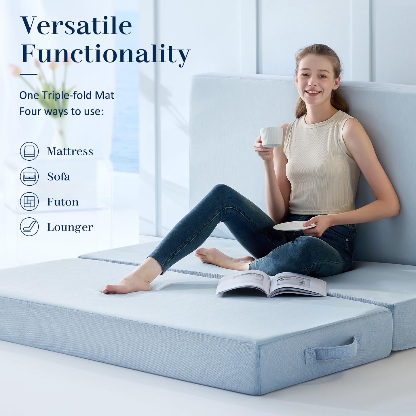 Lazyzizi Cooling Folding Mattress,6 Inch Foldable Mattress with Memory Foam Cold & Breathable Fabric Cover,Trifold Floor Guest Murphy Bed for Camping, RV, Queen
