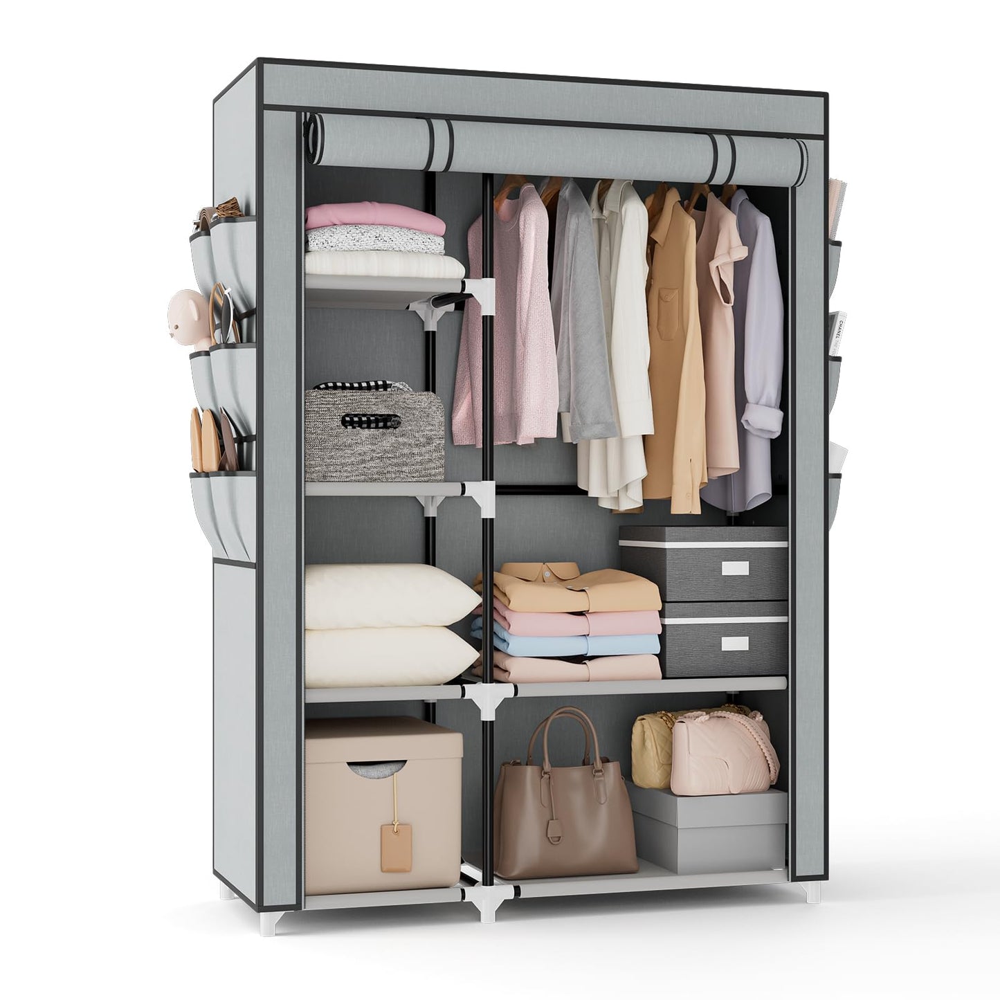 VTRIN Wardrobe Closet, 41.7 Inch Wide Portable Closets for Hanging Clothes with 1 Hanging Rod, 6 Shelves, 6 Pockets, Clothes Rack with Cover Portable Wardrobe Closet for Bedroom, Dorm, Grey