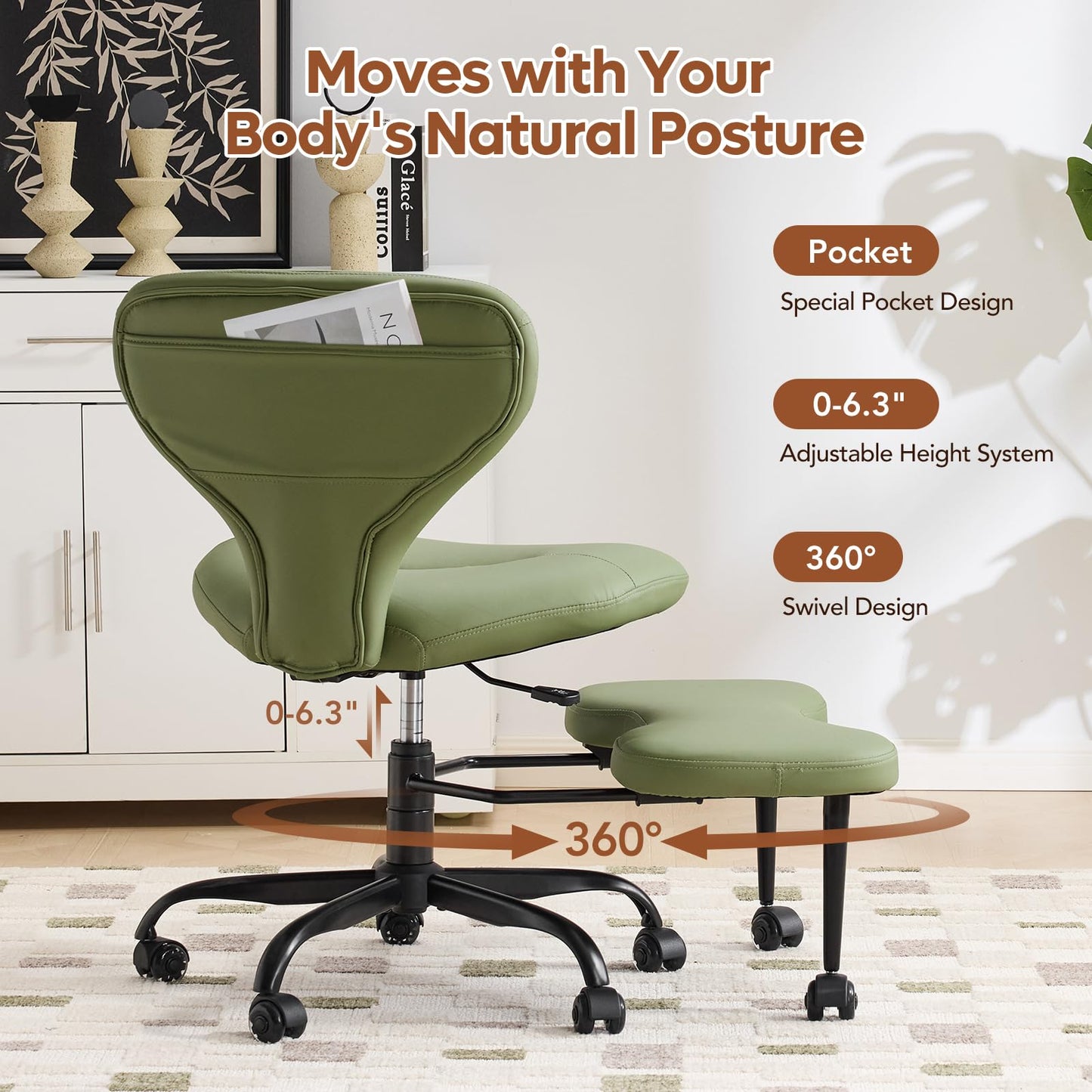 YFO Ergonomic Cross Legged Office Chair and ADHD Meditation Chair with Silent Wheels for Home Office Desk Chair and Yoga, Wider Backrest Support and Storage Pockets Design, PU Leather, Green