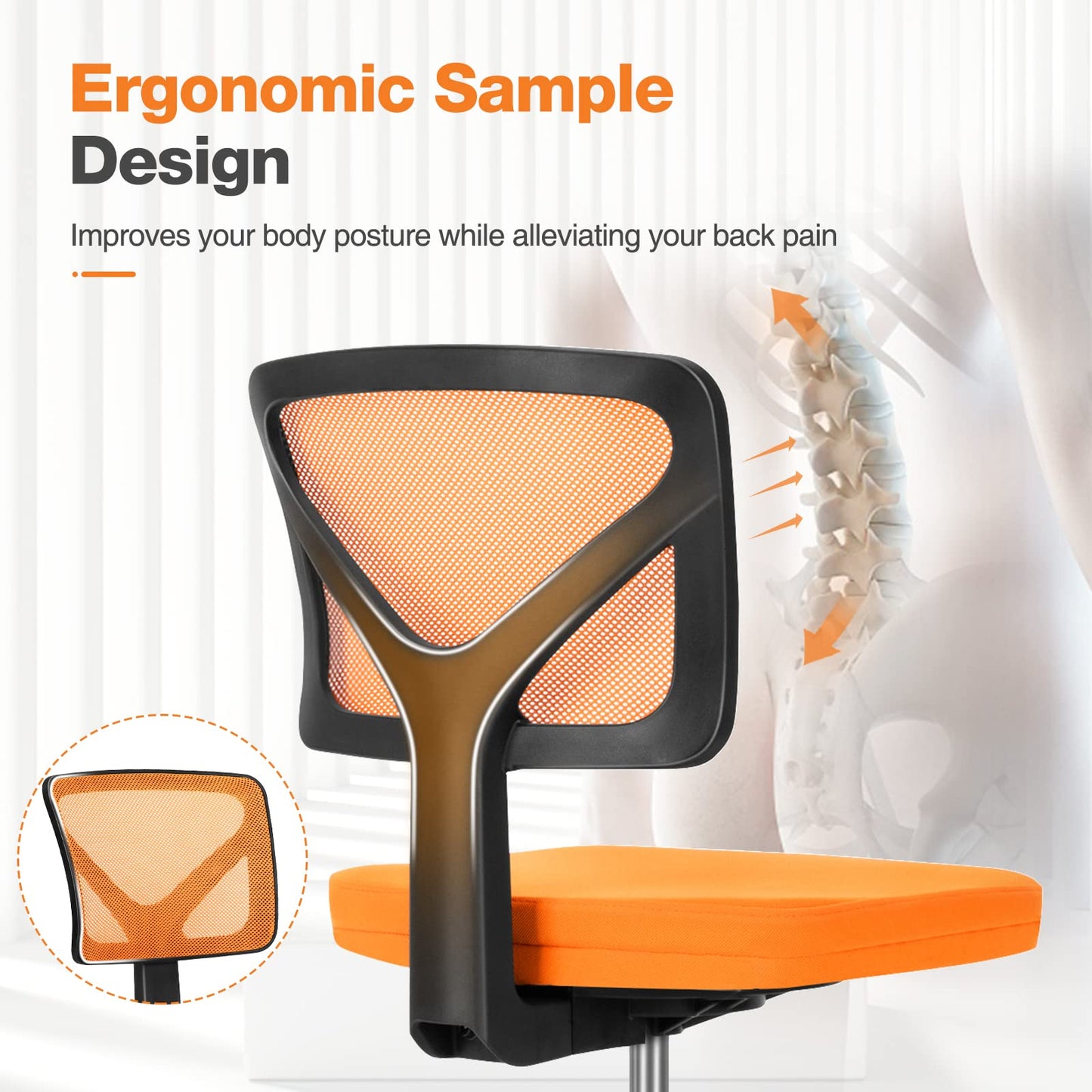 Sweetcrispy Small Office Chair, Ergonomic Low-Back Mesh Rolling Work Swivel Chairs with Wheels, Armless Comfortable Seat Lumbar Support for Home, Bedroom, Study, Student, Adults,Classic Orange