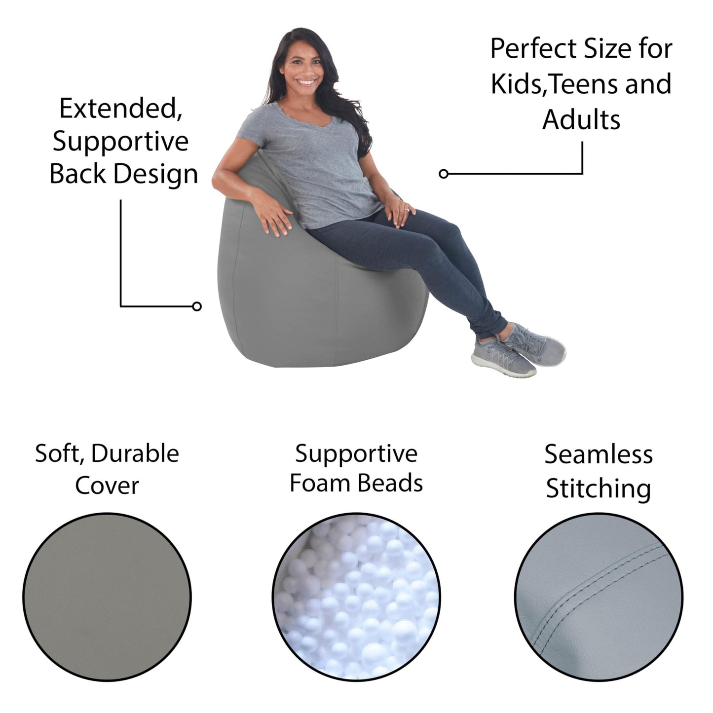 FDP SoftScape Dew Drop Bean Bag Chair with Supportive High-Back Design, For Kids, Teens and Adults, Alternative Seating for Dorms, Schools, Libraries, Daycares or Home - Gray/Light Gray