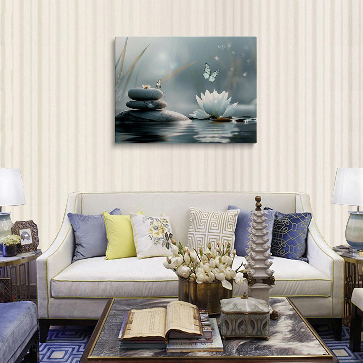 Zen Lotus Flower with Stones and Butterflies Canvas Wall Art Framed Serene Painting Prints Posters Artwork for Meditation Room Wall Decor Calming Spiritual Bathroom Art 12x16 Inches
