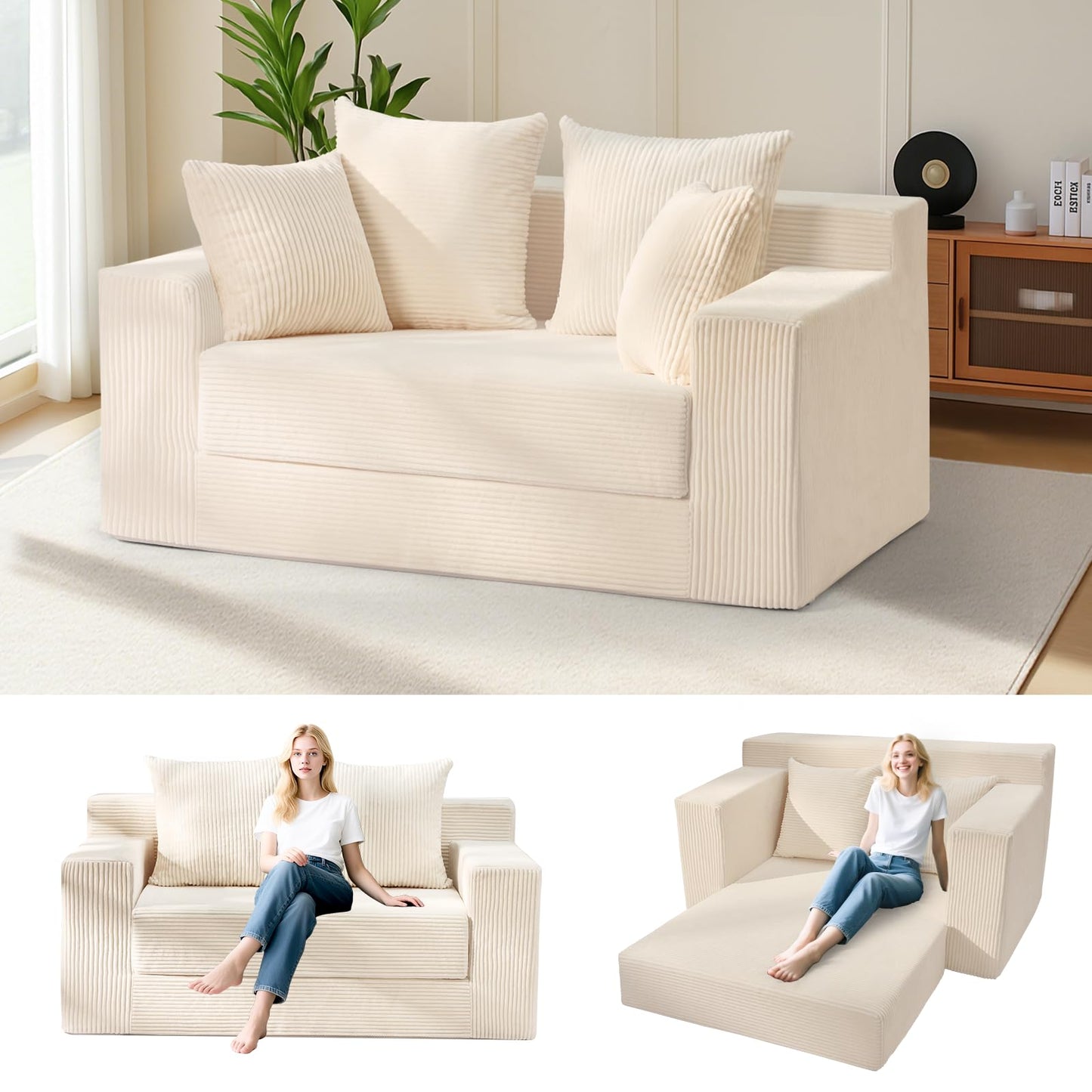 feliz home Convertible Sofa Bed, Boneless Couch Loveseat, 2 in 1 Folding Couch Bed, Fold Out Comfy Floor Futon Sofa with 4 Pillows for Living Room Bedroom, Beige