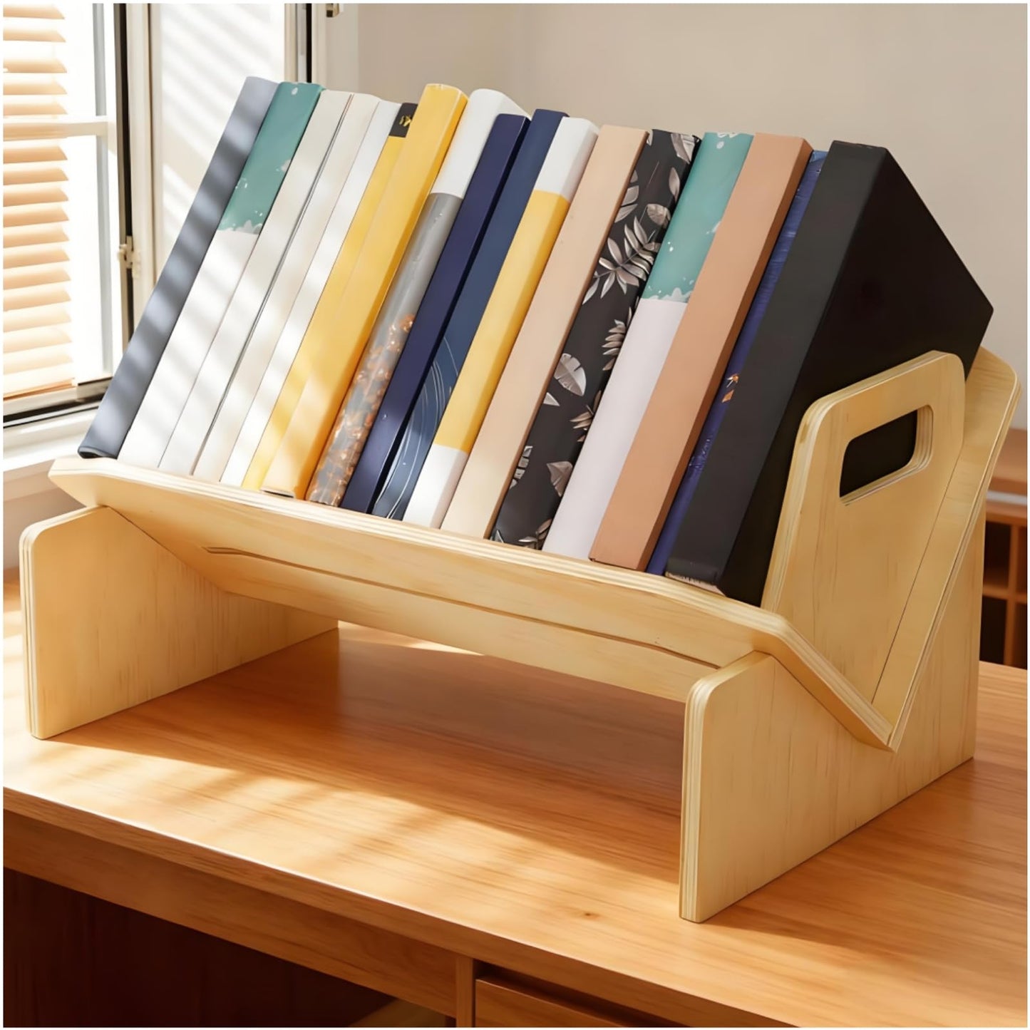 Acshio Wood Desktop Bookshelf, Tabletop Book Storage Rack Display Shelf with Handle, Tilting Office Bookcase Magazine Holder CD Rack for Office, Study Room, No Tools Required