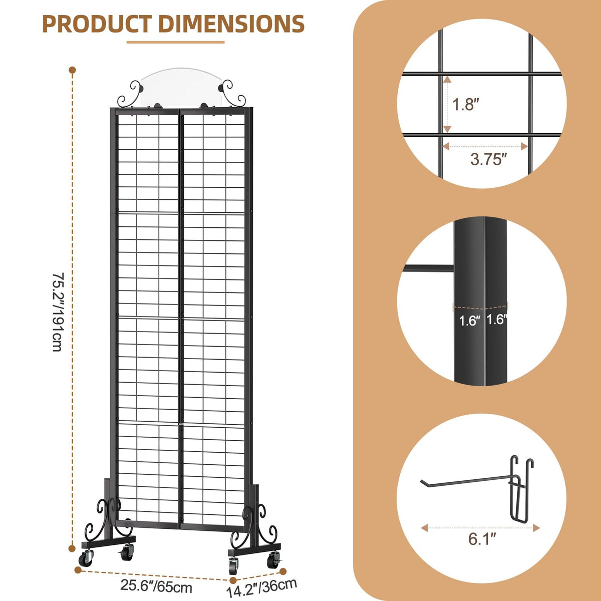 Urban Deco 3 Packs Grid Wall Panel Display Stand, 2.2' x 6.2' FT Gridwall Panel with Extra 24 Hooks, Craft Show Display Rack Black Metal Grids Standing Wire Rack for Retail Merchandise