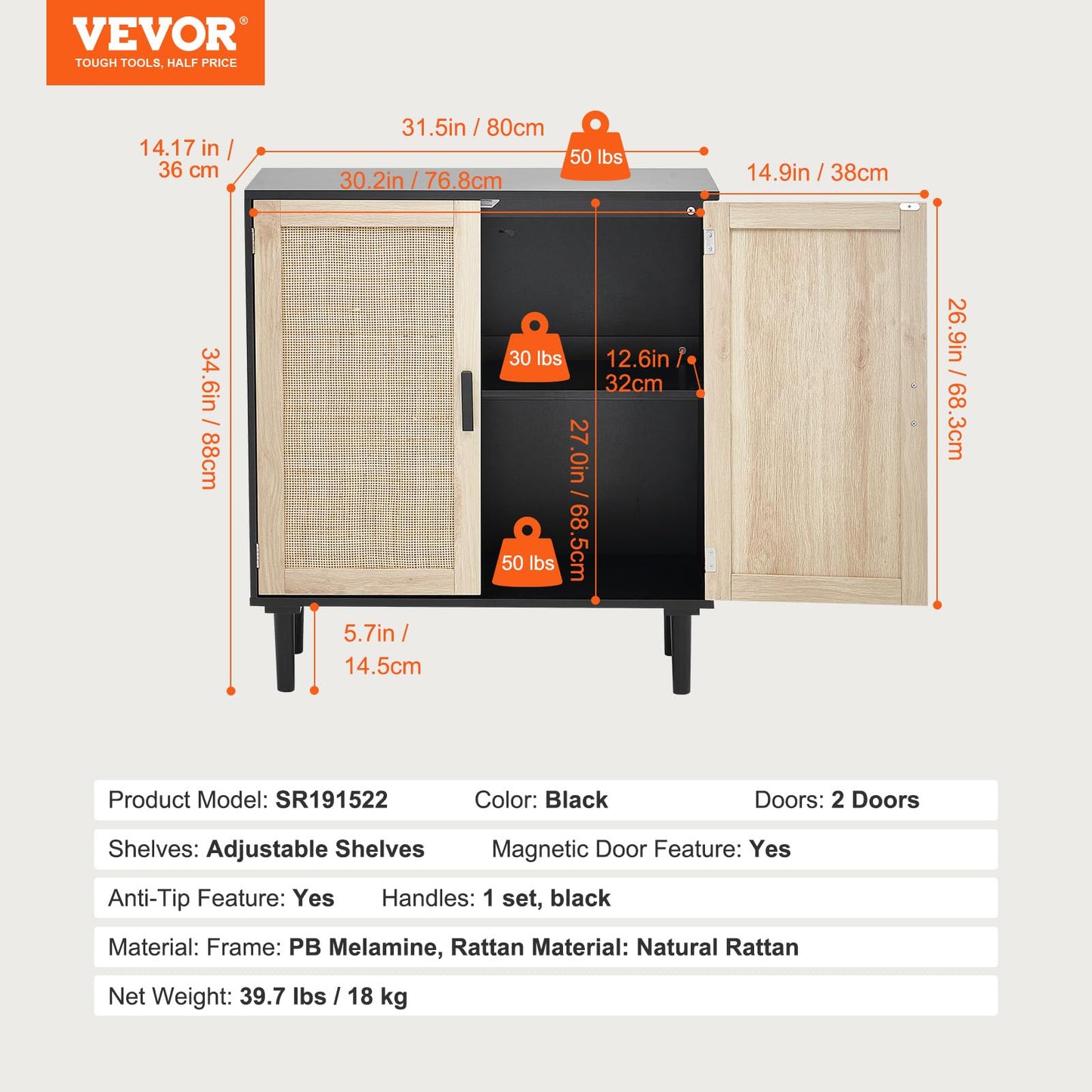 VEVOR Rattan Cabinet, Buffet Cabinet with Storage, Storage Cabinet with 2 Magnetic Doors and Adjustable Shelves, Sideboard Buffet for Hallway, Entryway, Living Room, or Kitchen, Black