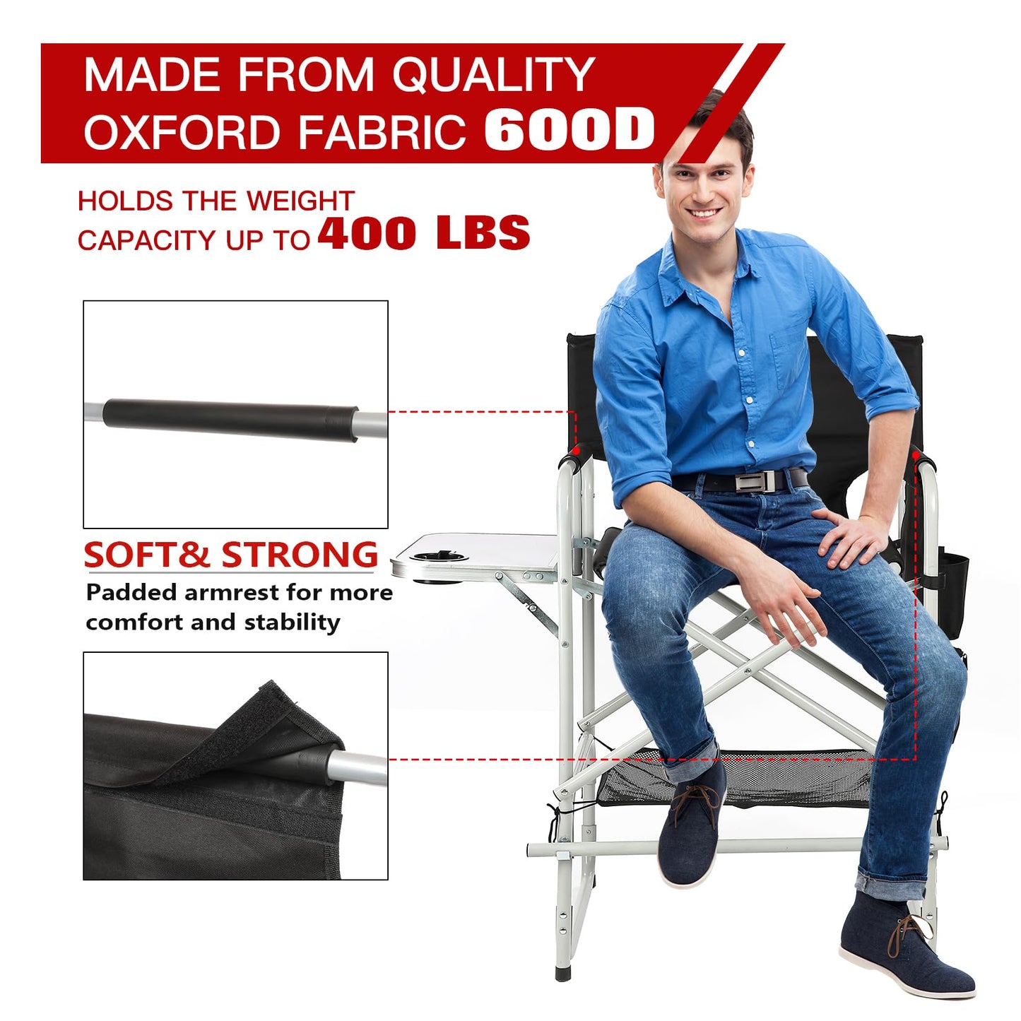 ZIXNEXKOO Tall Makeup Chair 41'', Director Chair 600 lbs Foldable Portable, Makeup Chair for Makeup Artist with Table, Cup Holder, Storage Bag & Footrest