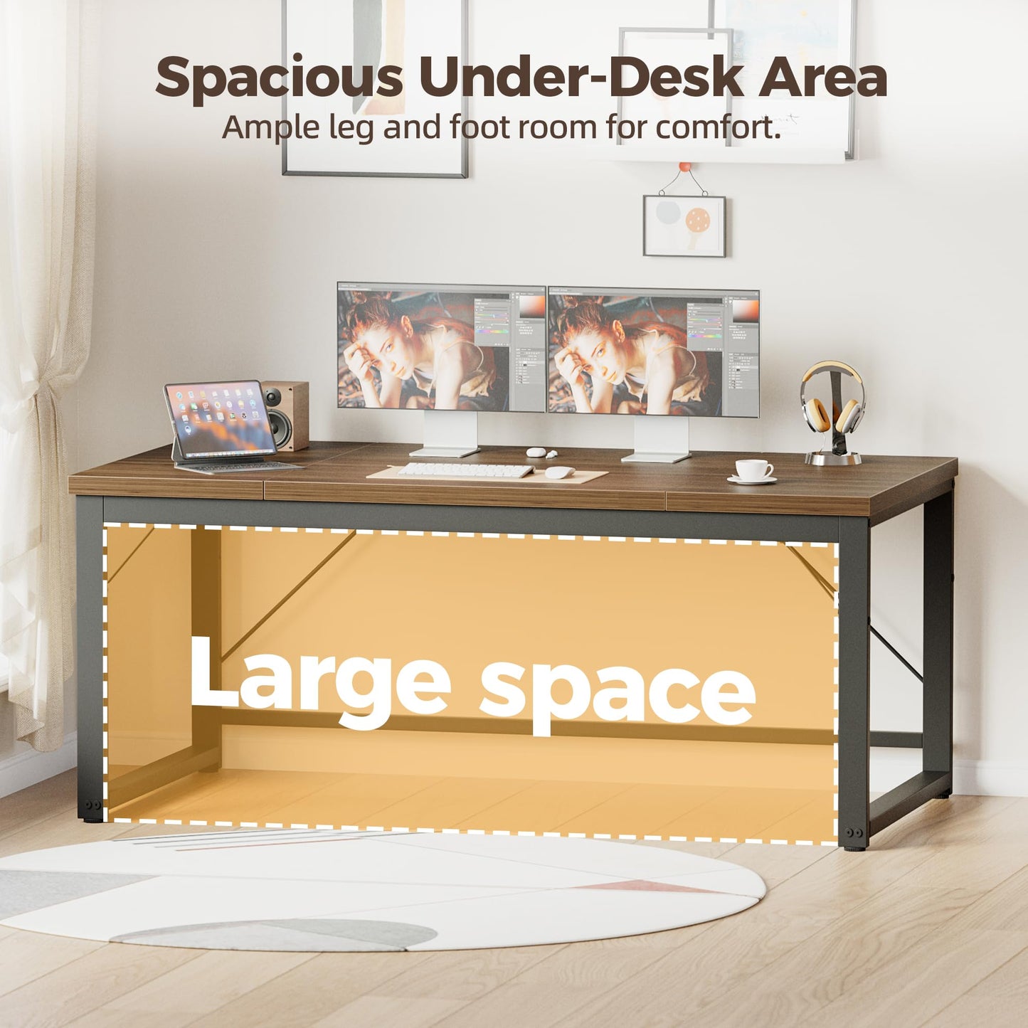 Mericonia 63 Inch Large Computer Desk, 1" Thick Heavy Duty Industrial Office Desk, Modern Simple Study Writing Table for Home Office Bedroom Workstation, Walnut