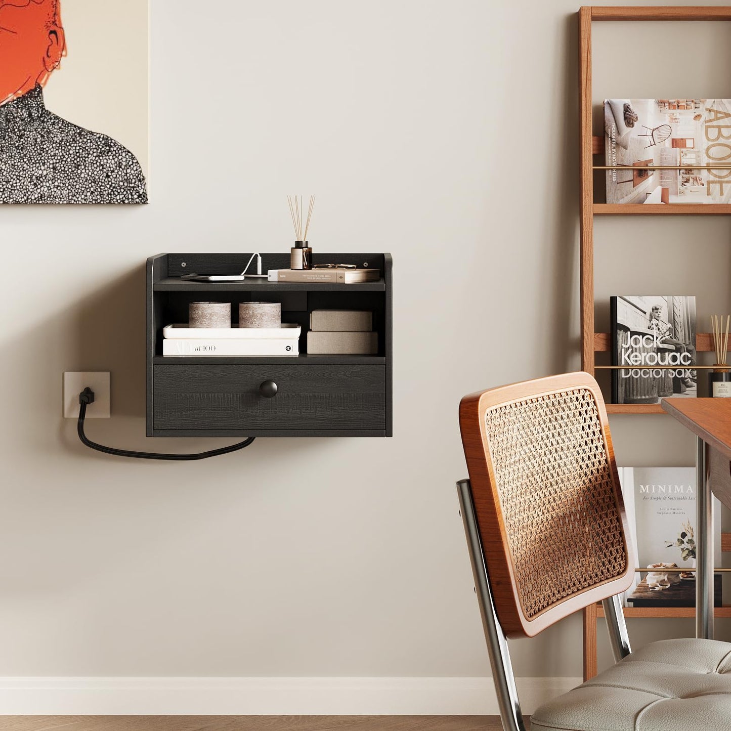 Floating Nightstand Set of 2 Modern Night Stands with Drawer and Open Shelf Cubby Small Bedside End Table with Charging Station Wall Mounted Nightstands Set 2 for Bedroom Black