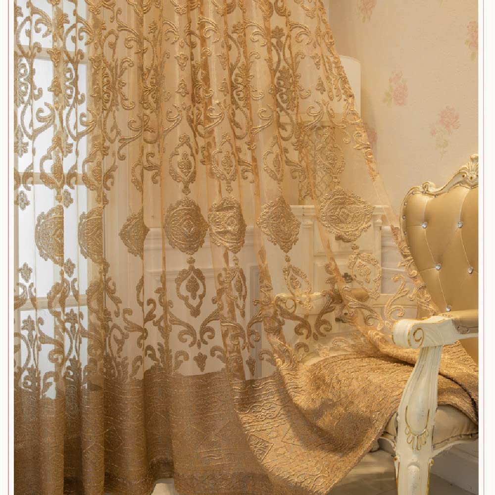 Amidoudou 1 Pair Luxury European Sheer Curtains Hollow Embroidered Tulle Curtains for Bedroom Living Room (Gold,54x96 Inch)
