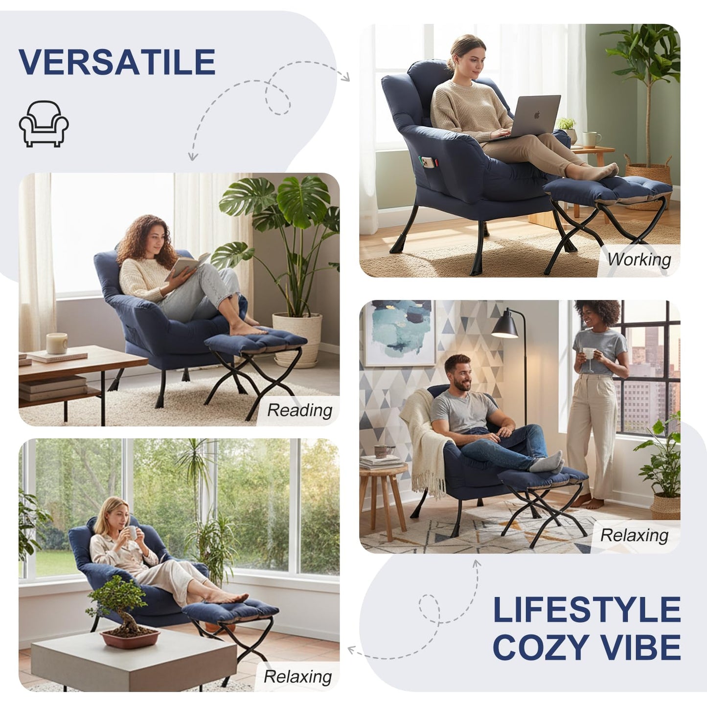 Furlide Lazy Chair with Ottoman, Modern Lounge Chair with Lumbar Pillow, Accent Cozy Reading Armchair and Folding Footstool for Bedroom, Dorm, Living Room,Navy