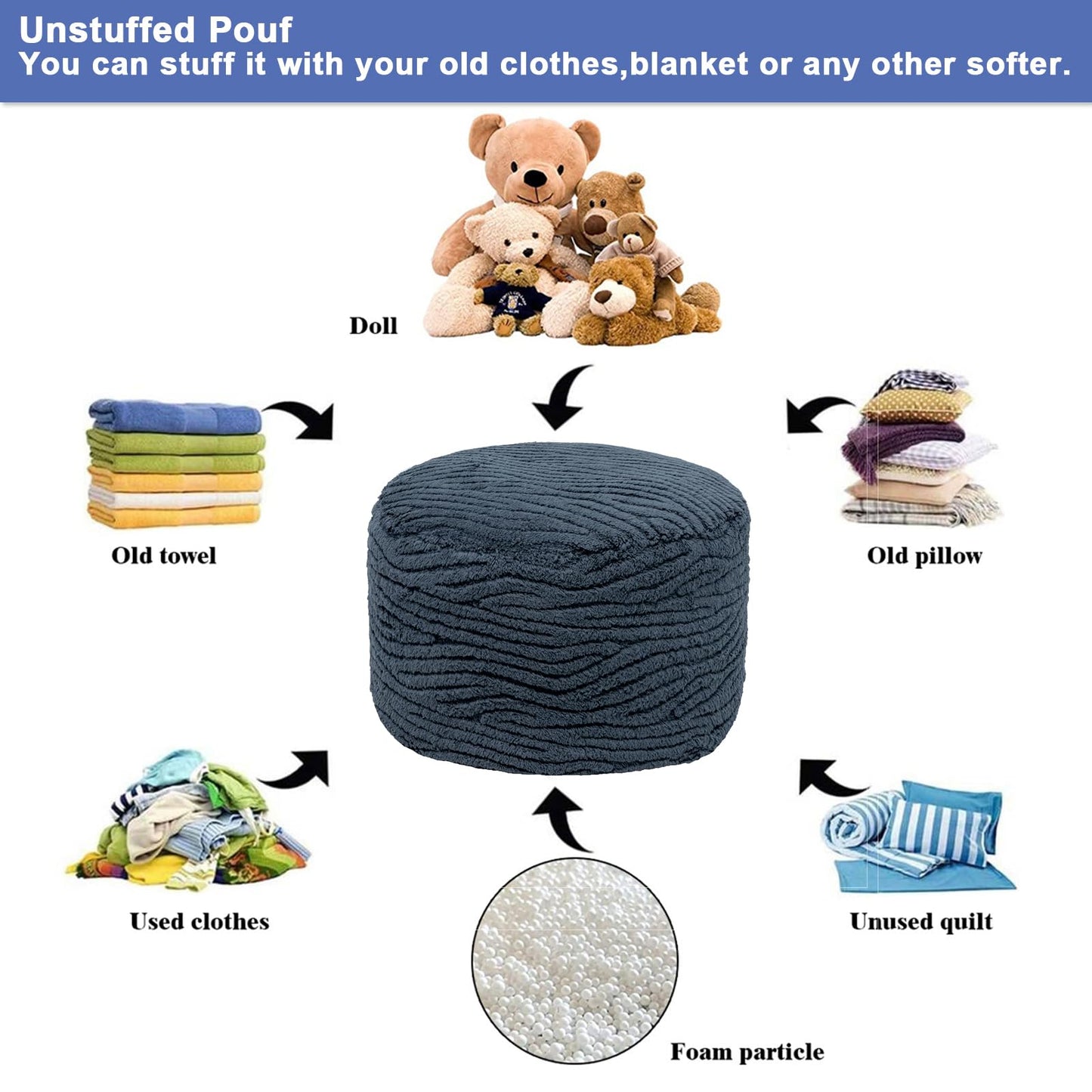 Poofieotto Unstuffed Pouf Ottoman Cover Handmade Footstool Ottoman Storage Solution Floor Pouf Footrest Cushion 20 Diameterx12Height Inches for Living Room Wedding Bedroom Gray No Filler