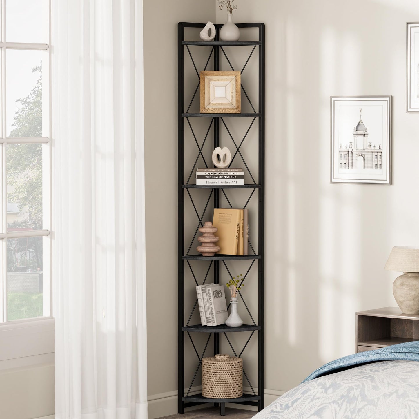 Cerlyunzan 6 Tier Corner Shelf Stand, 78" H Tall Industrial Corner Bookshelf for Living Room Decor, Metal Corner Shelf, Plant Stand Display Shelf for Bedroom, Bathroom, Small Space, Black