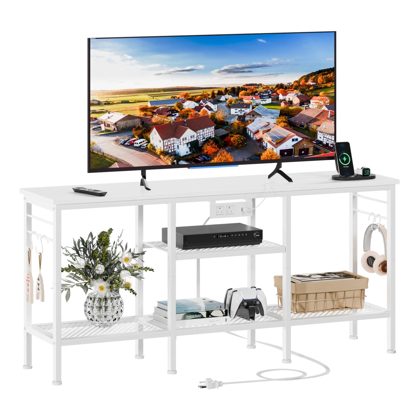 Furologee TV Stand with Power Outlets, Entertainment Center with Open Storage Shelves for TVs up to 55 Inch, TV Media Console Table with Soundbar Shelf for Living Room, Bedroom, White