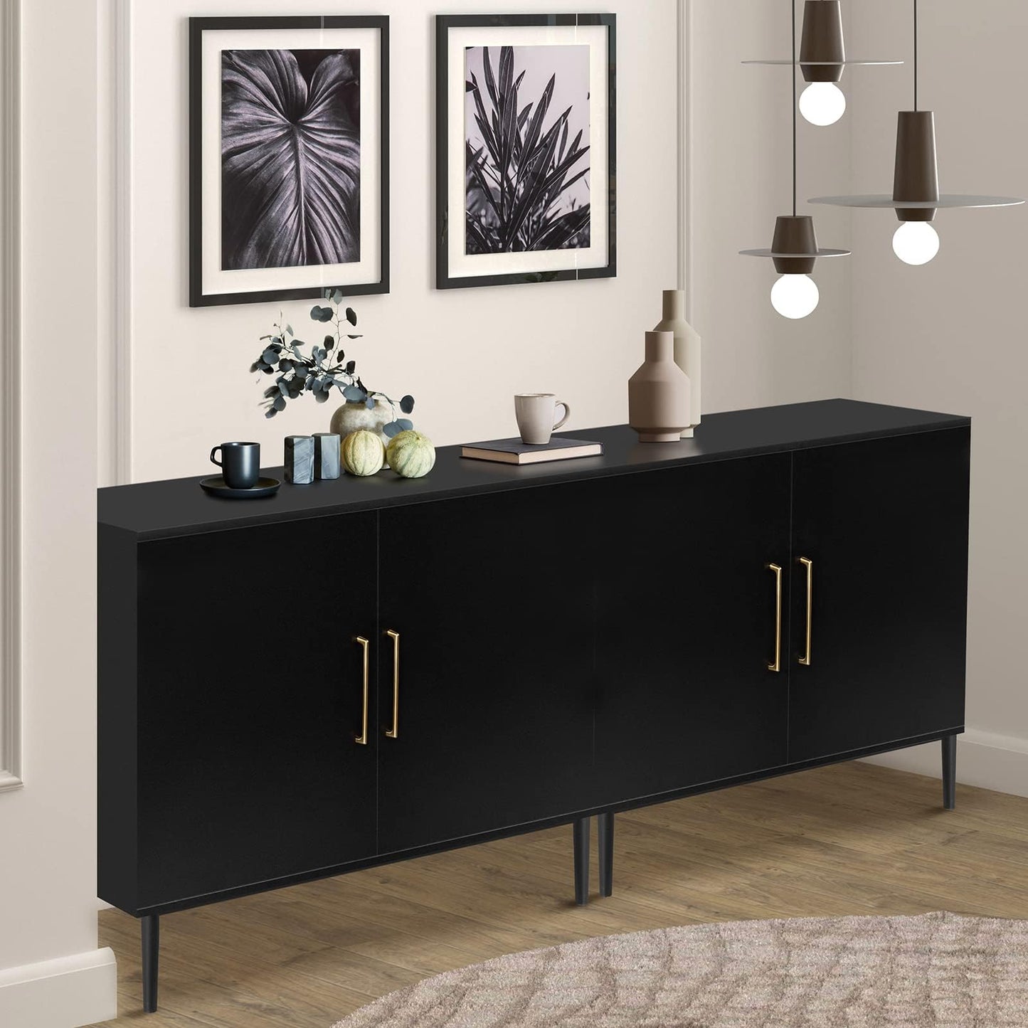 REHOOPEX Set of 2 Storage Cabinet with Doors, Modern Black Accent Cabinet, Free Standing Cabinet, Wooden Buffet Sideboards for Living Room, Kitchen, Home Office