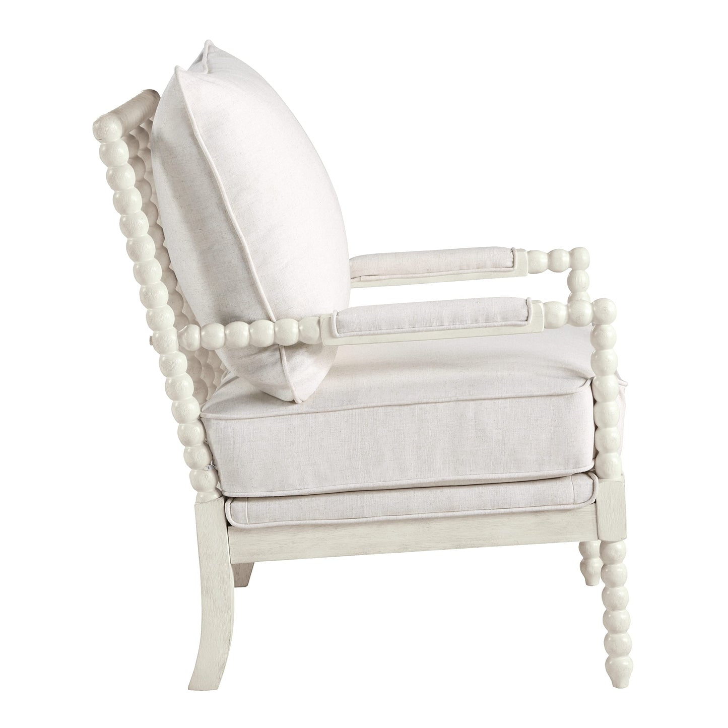 OSP Home Furnishings Kaylee Spindle Accent Chair with Antique White Wood Frame, White Linen Fabric
