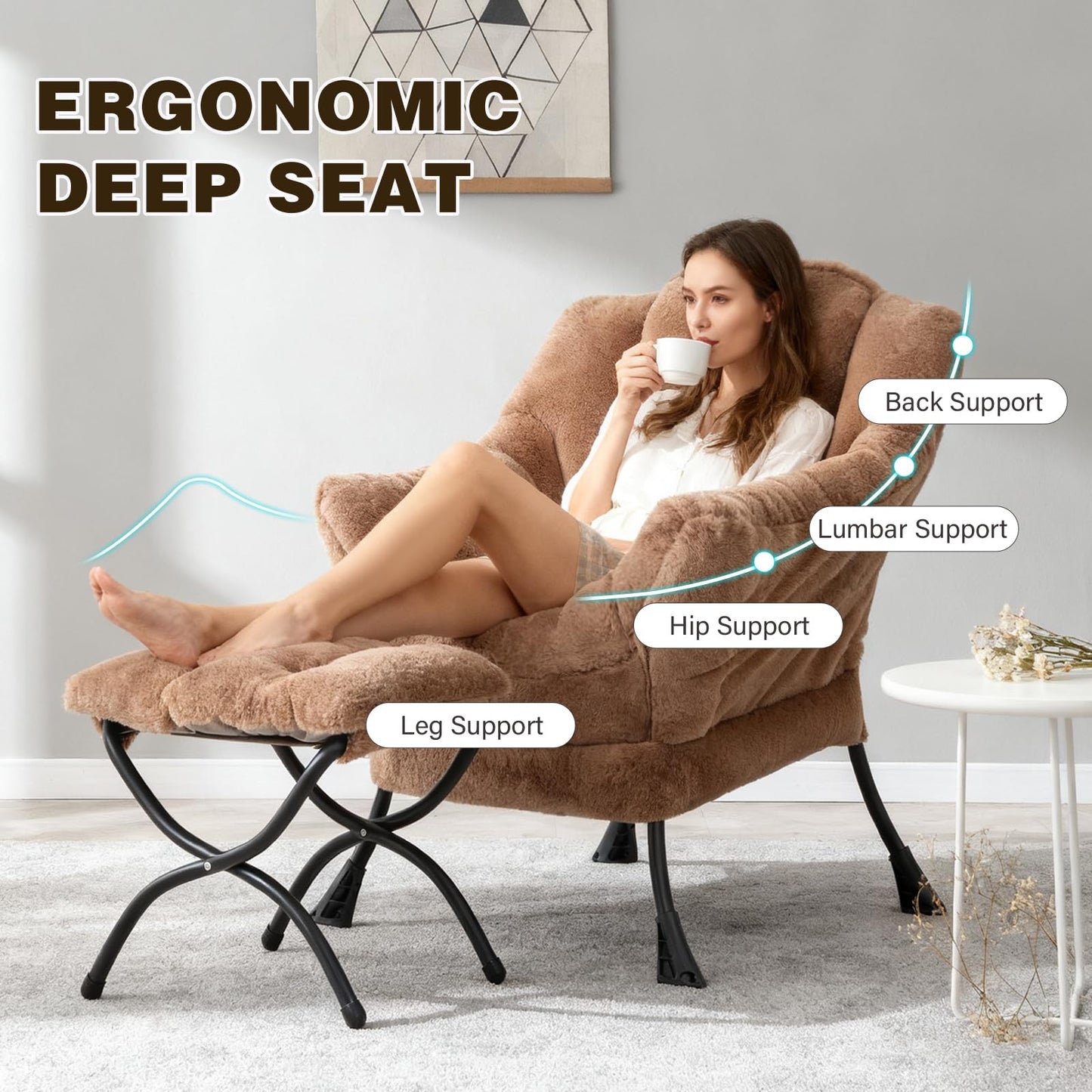 SESHINELL Lazy Chair with Ottoman, Modern Accent Chair Lounge Leisure Sofa Chair with Armrests, Reading Chair and Folding Footstool for Living Room, Bedroom, Office, Plush Brown