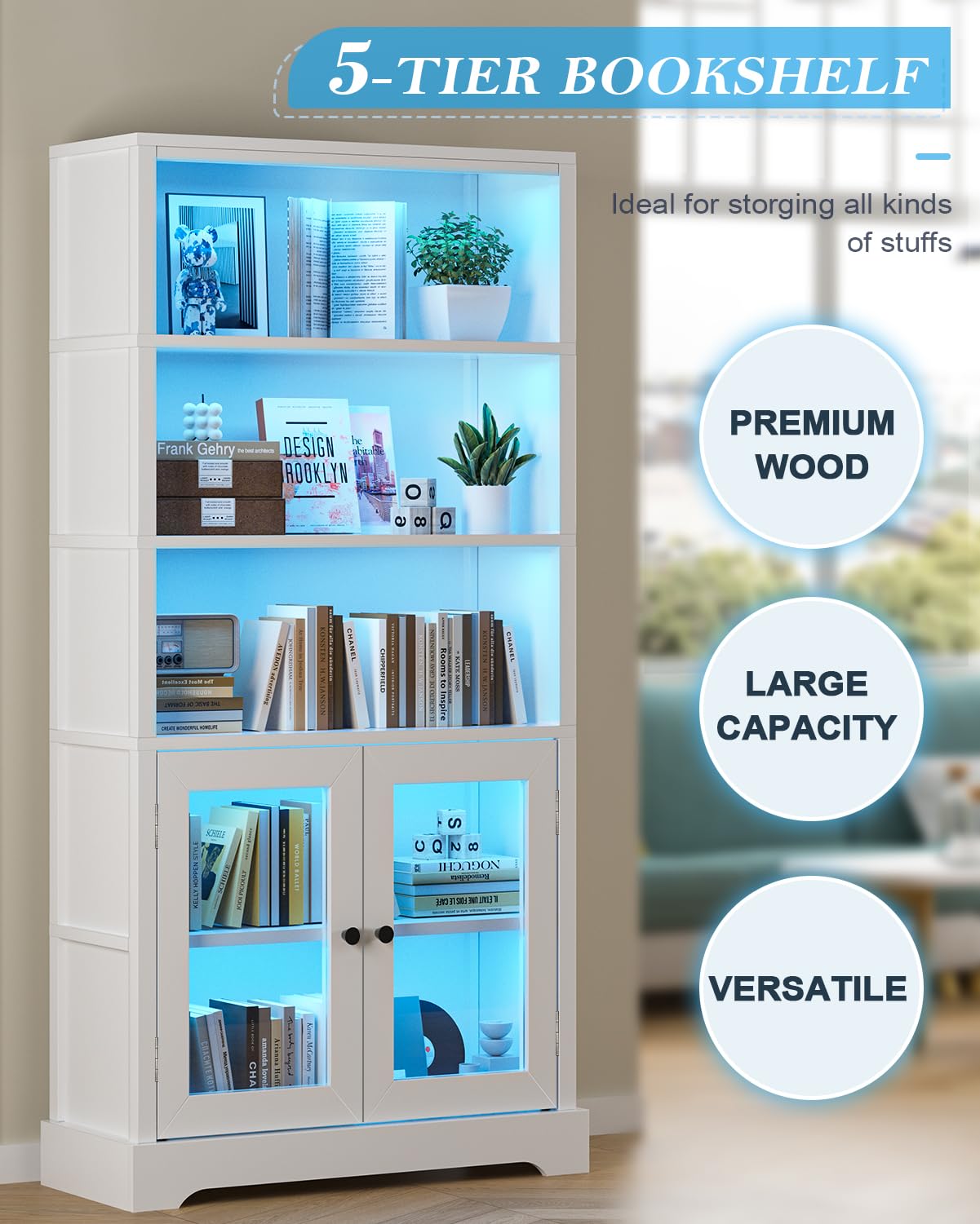 TVU 5-Tier Bookshelf, 65" Bookshelf with Multi-Color Ambient Lights (APP Remote Control), Tall Vertical Display Shelf with Cabinet Doors, Suitable for Living Room, Bedroom, Study, Office, White