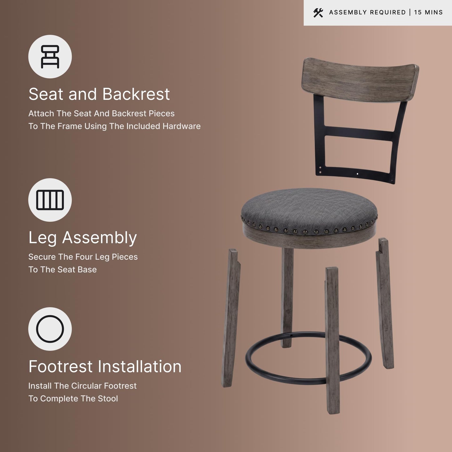 Signature Design by Ashley Caitbrook | Farmhouse Swivel 24" Counter Height Barstool – 360° Swivel, Upholstered with Nailhead Trim, Metal & Wood Frame, Gray