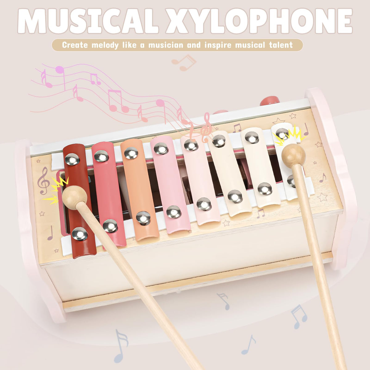 Joyreal Montessori Toys for 1 Year Old Girl Gift - Pink Wooden Hammering Pounding Toy with Xylophone & Fishing Game - Toddler Learning Activities for Kids 1+ 2 3 Year Old Christmas Birthday Gifts