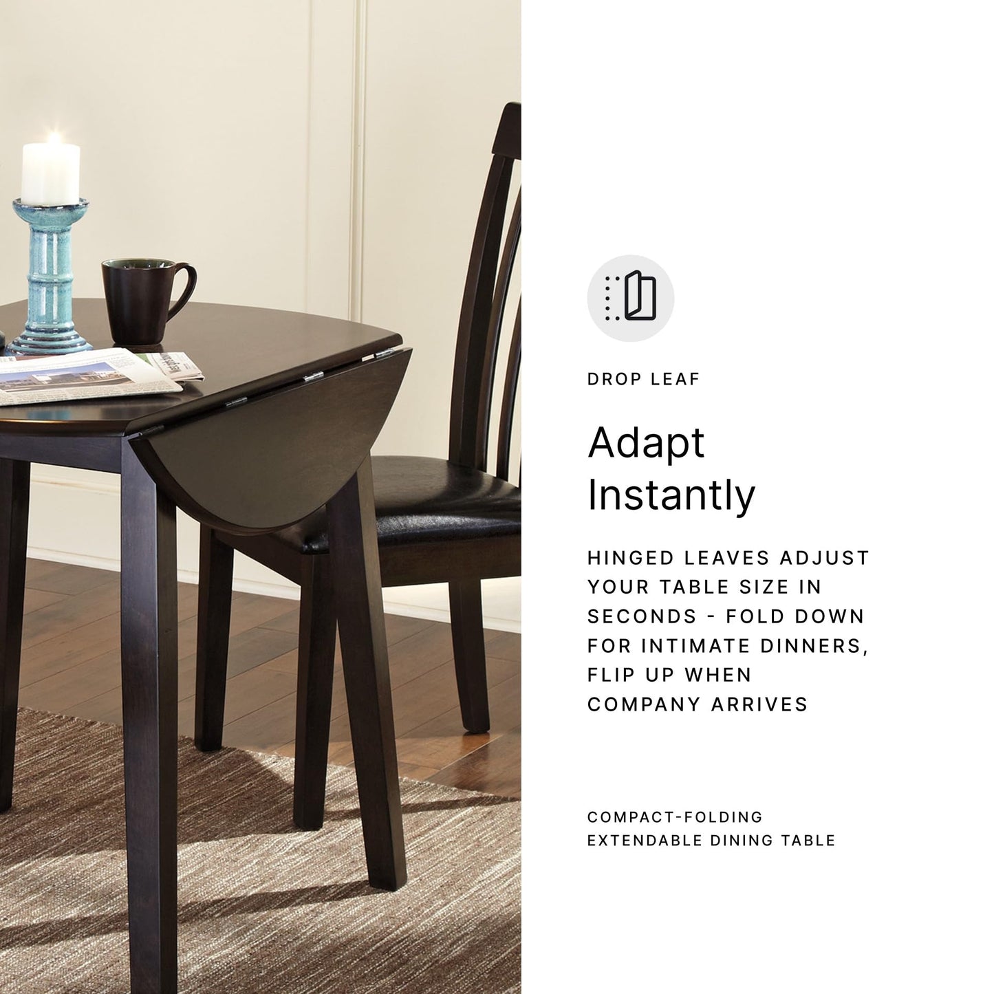 Signature Design by Ashley Hammis Round Dining Room Drop Leaf Table, Seats up to 4, Hinged Drop Leaves, Wood, 36.38" W x 36.38" D x 29.88" H, Dark Brown