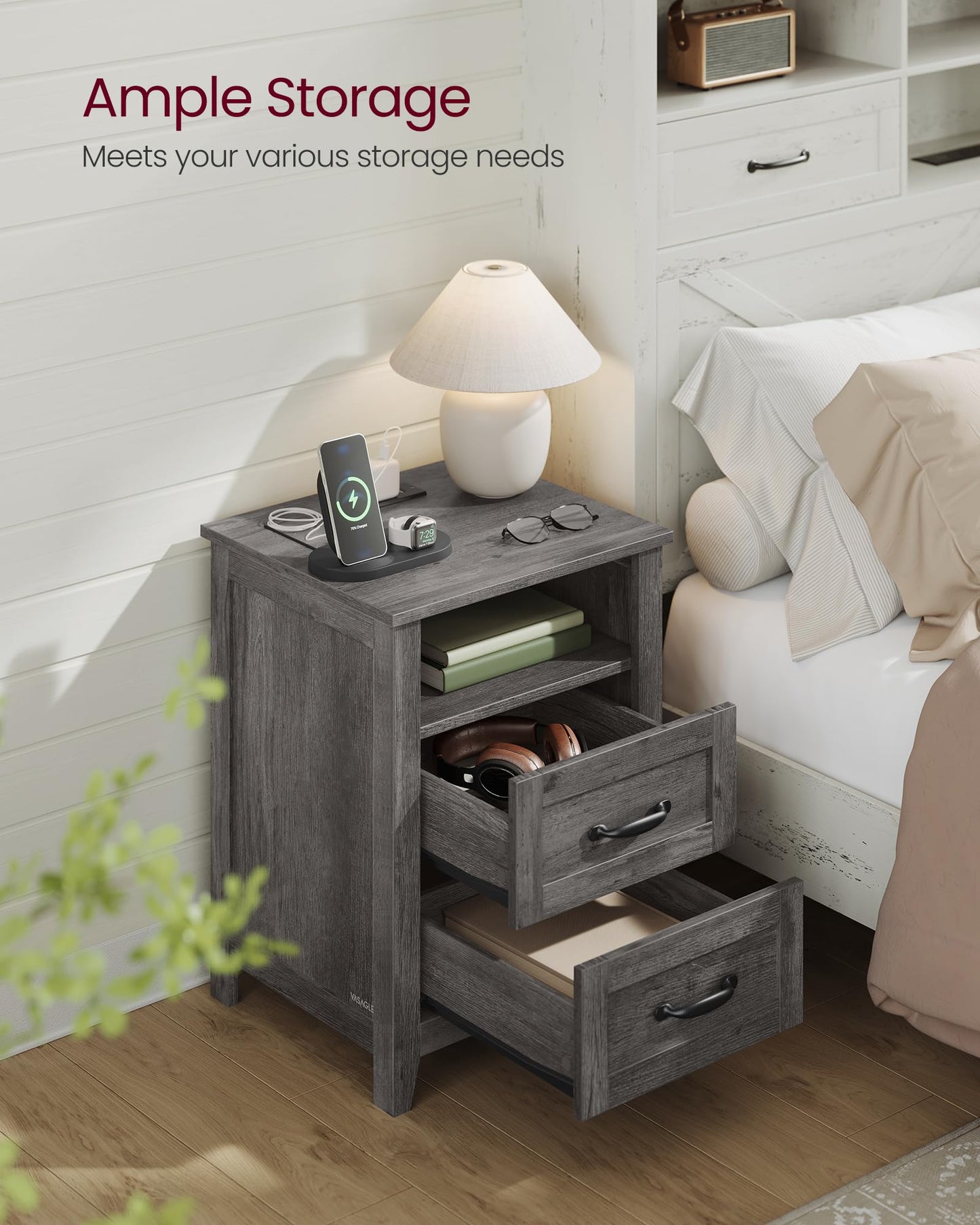 VASAGLE LIRY Collection - Farmhouse Nightstands with Charging Station, Set of 2 Bedside Tables, Side Tables with 2 Drawers, Open Compartment, for Bedroom, Misty Gray ULET869G01