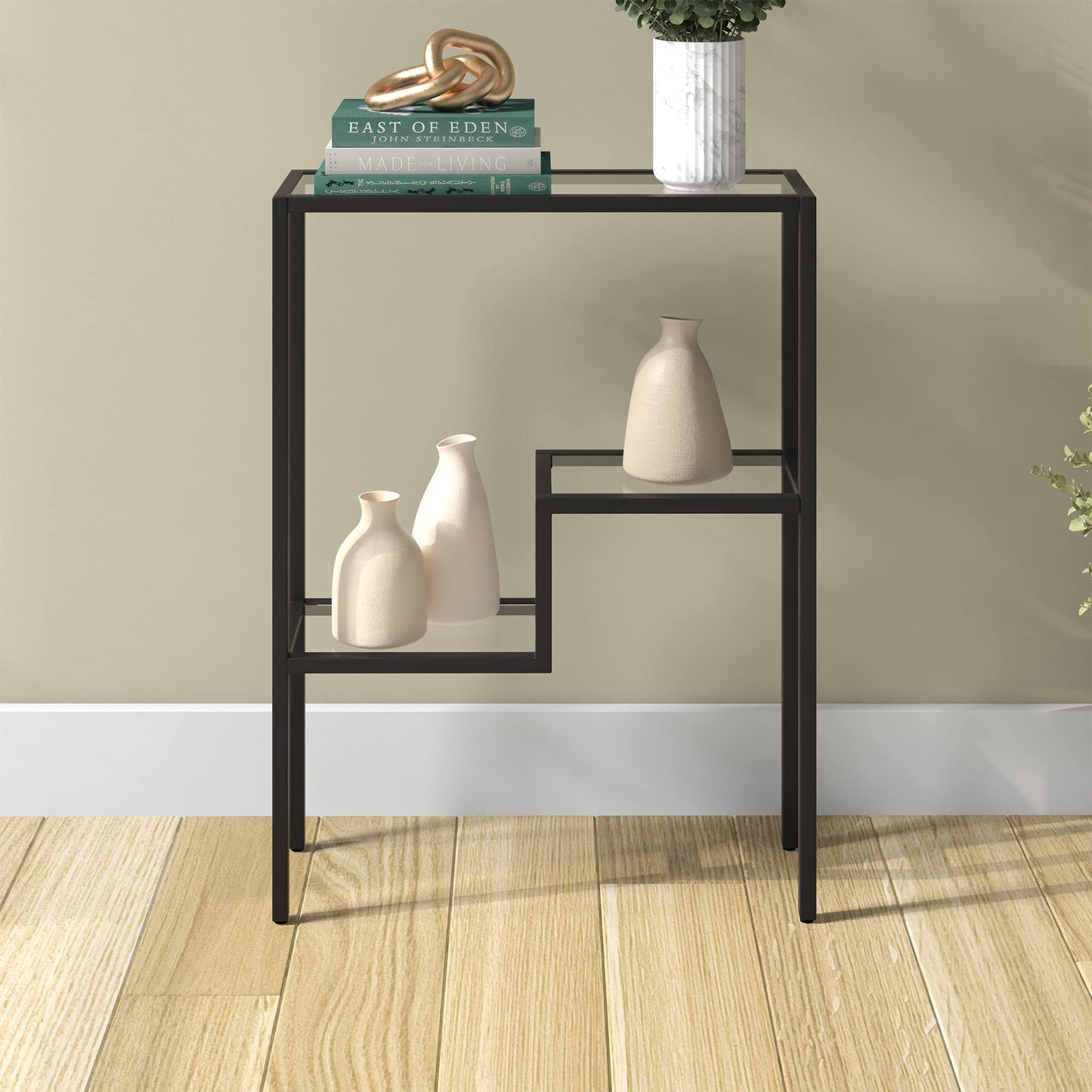 Henn&Hart 22" Narrow Glass Rectangular Console Table Entryway Table, Sofa Table with Two-Tiered Glass Shelf for Entryway, Living Room, Couch, Hallway, or Office, Black