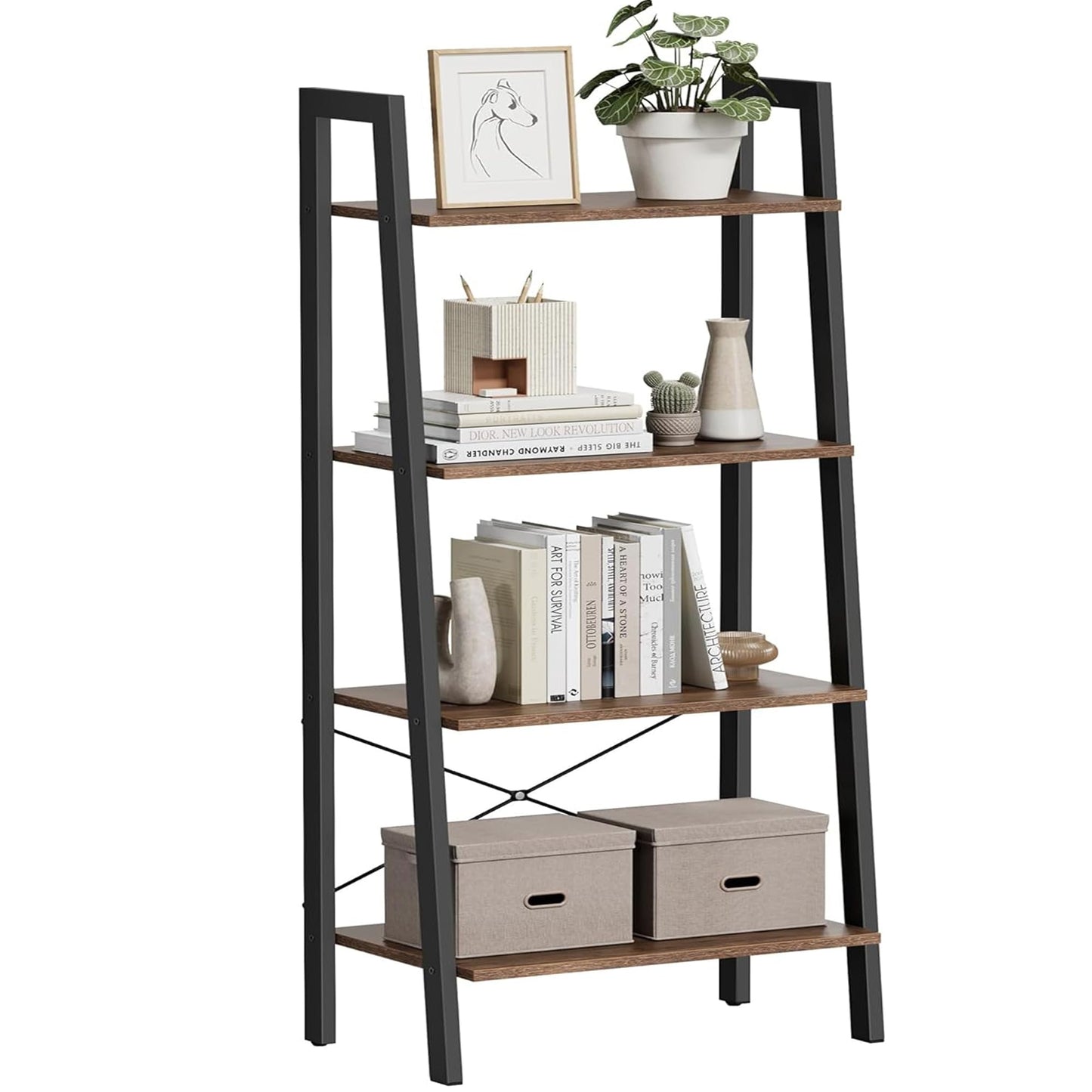 VASAGLE BARNET Collection - Ladder Shelf, Bookshelf, Storage Rack, Modern Bookcase for Living Room Home Office Kitchen, Steel Frame, 4-Tier, 22-Inch Wide, Hazelnut Brown and Ink Black ULLS044B03