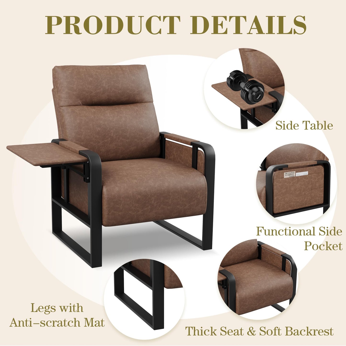 Apeaka PU Leather Accent Chair with Foldable Table, Modern Upholstered Armchair for Living Room Bedroom Office Side Chairs Dark Brown