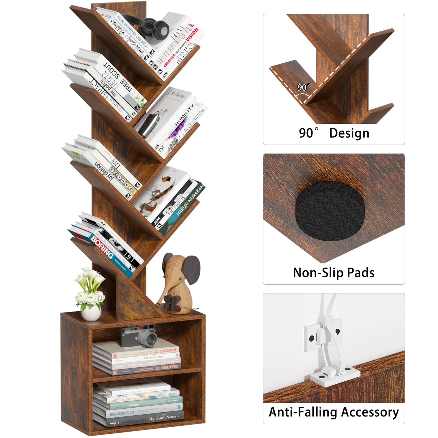 SHEEPAM 10 Tier Tree Bookshelf,Floor Standing Wood Tall Bookcase for Narrow Space, Storage Organizer Bookshelves for Books, Book Case for CDs/Movies/Books,Home Office,Living Room, Bedroom
