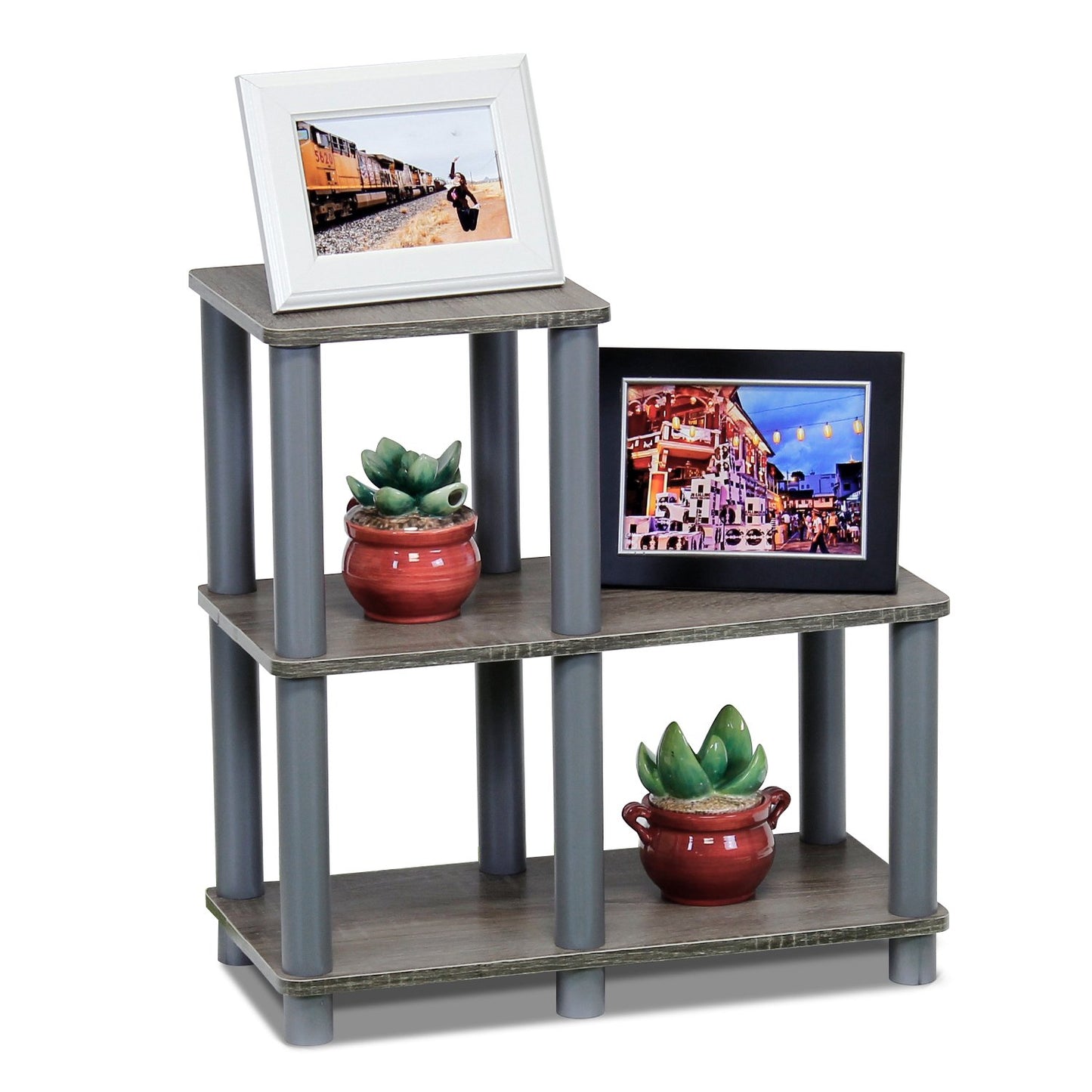 Furinno TURN-N-TUBE Storage Shelves, 2-Tier Ladder Shape Book Shelf with Open Frame Design, 3-Cube Corner Shelf, Toolless Open Shelves, Living Room, Garage, Home Office, Grey